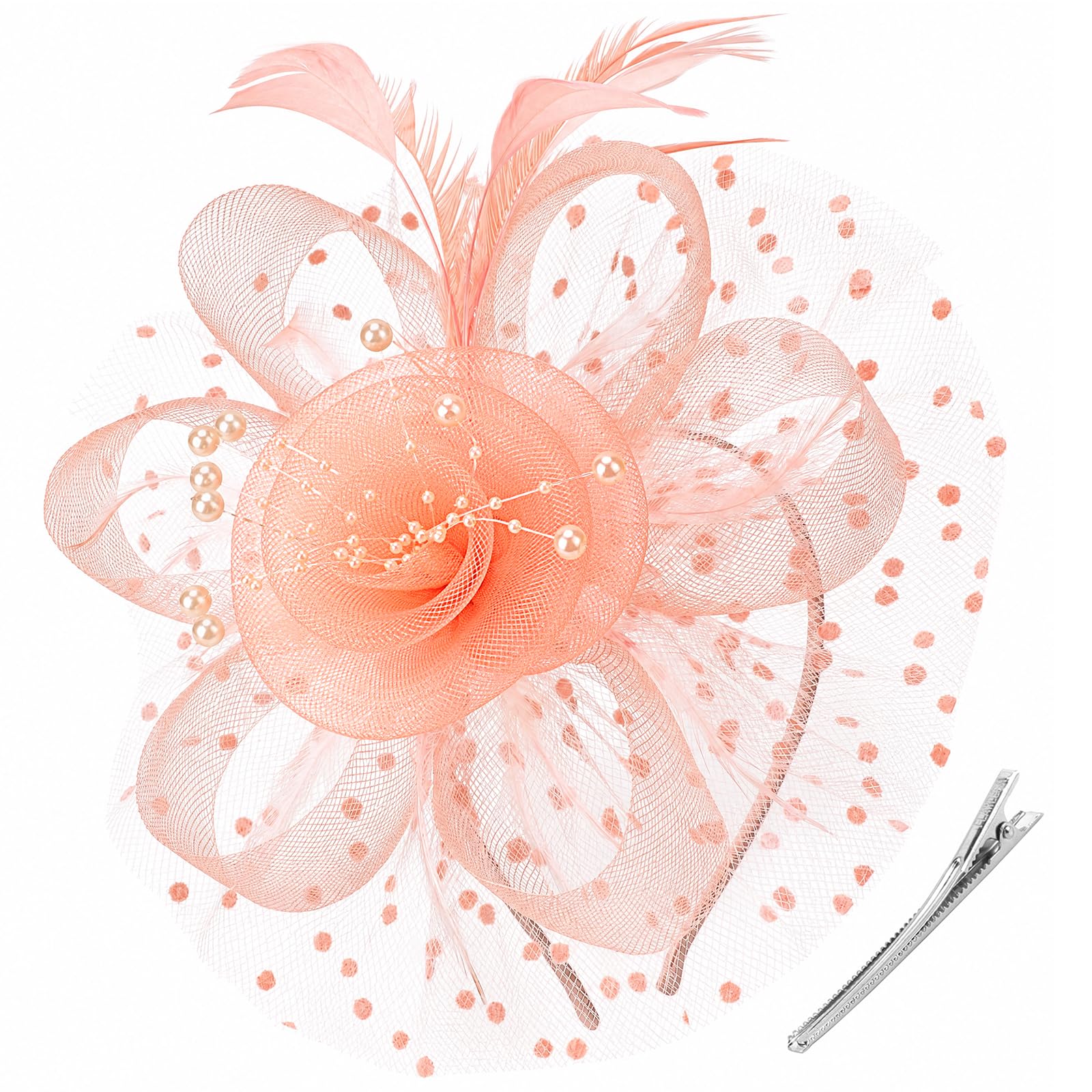 DRESHOW Fascinators Hat Flower Mesh Ribbons Feathers on a Headband and a Clip Tea Party Headwear for Girls and Women