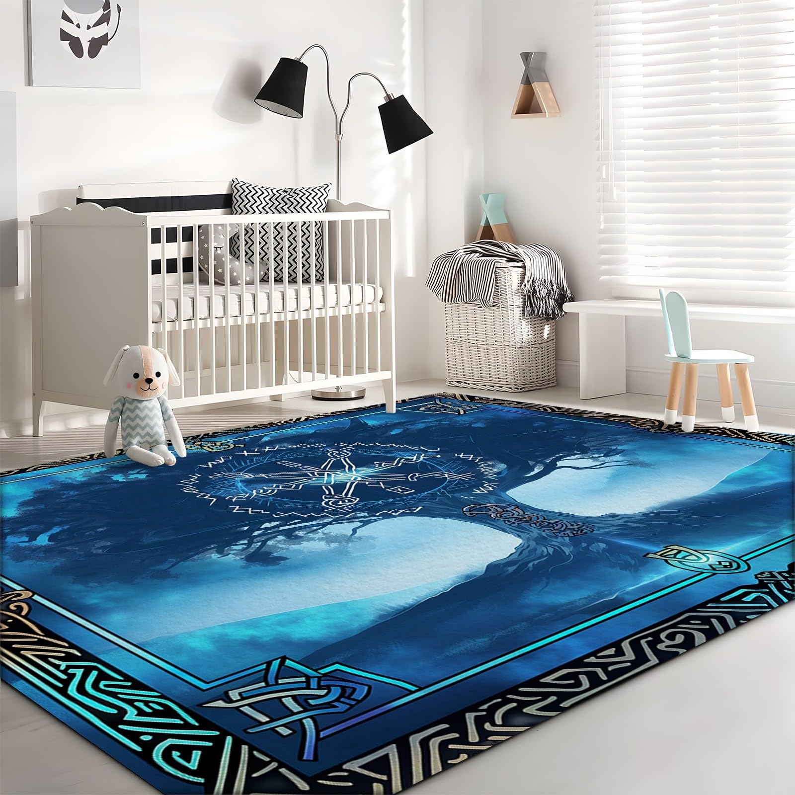 Waschbarer Tarotkarte mit Wikingerrunen Kurzflor Teppich - Weicher, Rutschfester Teppich für Wohnzimmer, Schlafzimmer - Flauschiger, Blauer Lebensbaum Teppiche Gegend, 80cm x 150cm