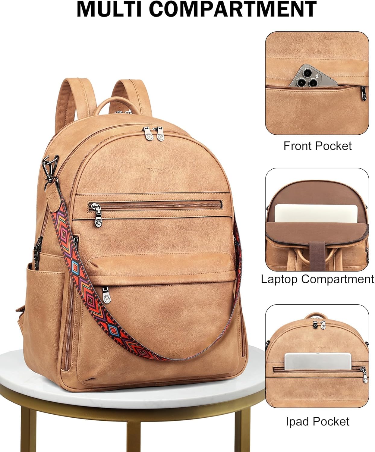 FADEON 15.6 inch Laptop Backpack Purse for Women Designer PU Leather Computer Backpacks Fashion for Work Travel Camel Brown - Image 6
