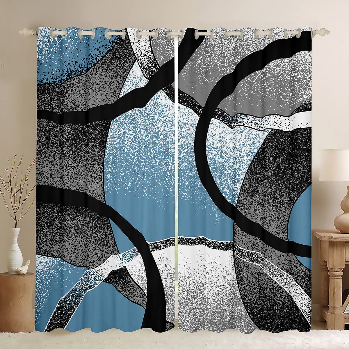 Homemissing Boys Multicolored 13224 Retro Circle Window Curtains Modern Geometric Blackout Curtains Blue Grey And Black Darkening Dreapes Retro Stripe Swirl Window Treatments Modern Abstract Art W52*L90
