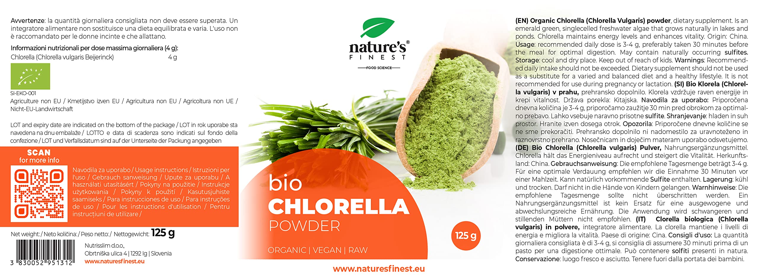 Nature's Finest Clorella Bio in Polvere 375 g (Confezione da 3) | 100% Clorella Biologica - Polvere Fine - Vegano - Senza Additivi