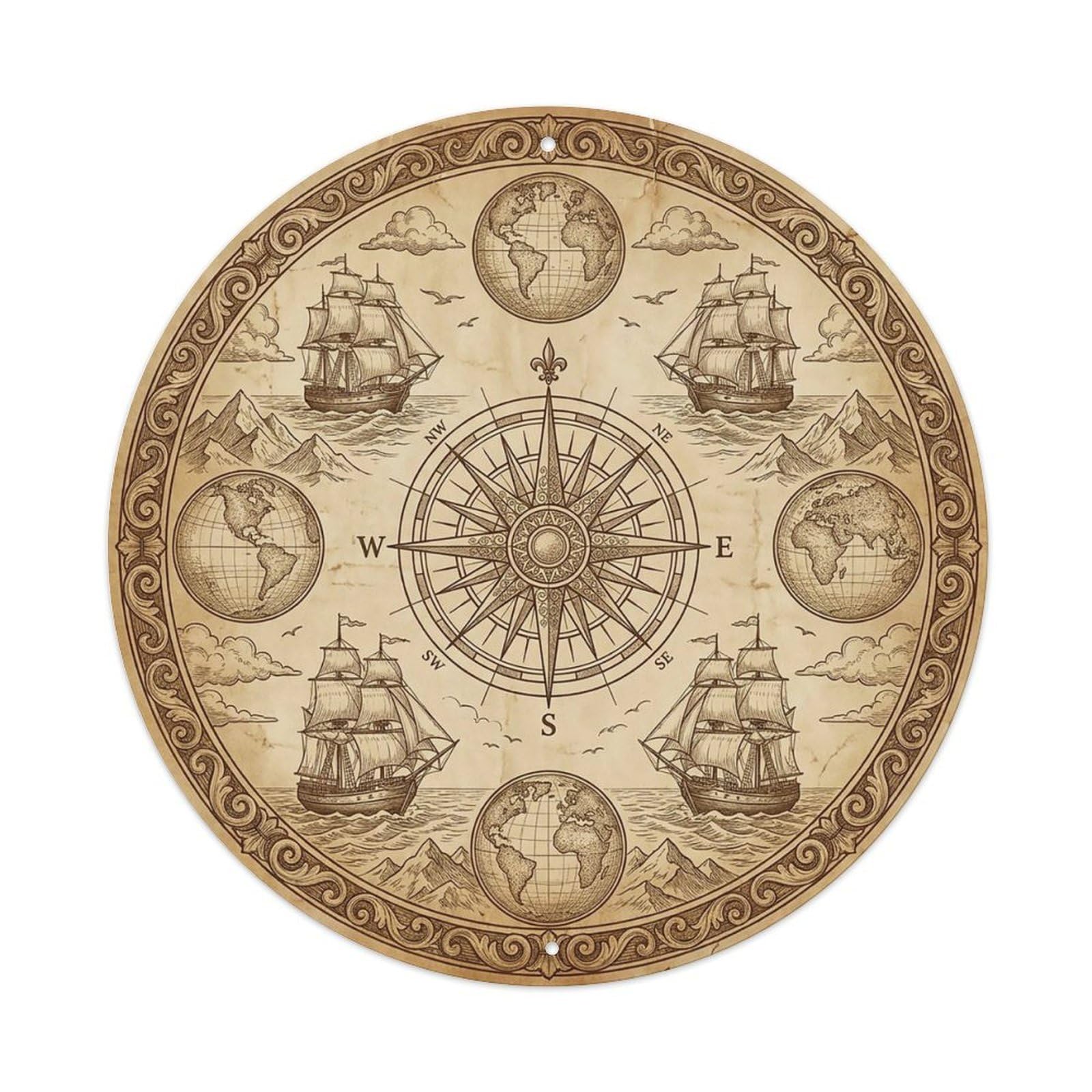 Vintage Nautical Compass World Map Landmark Path Metal Tin Sign