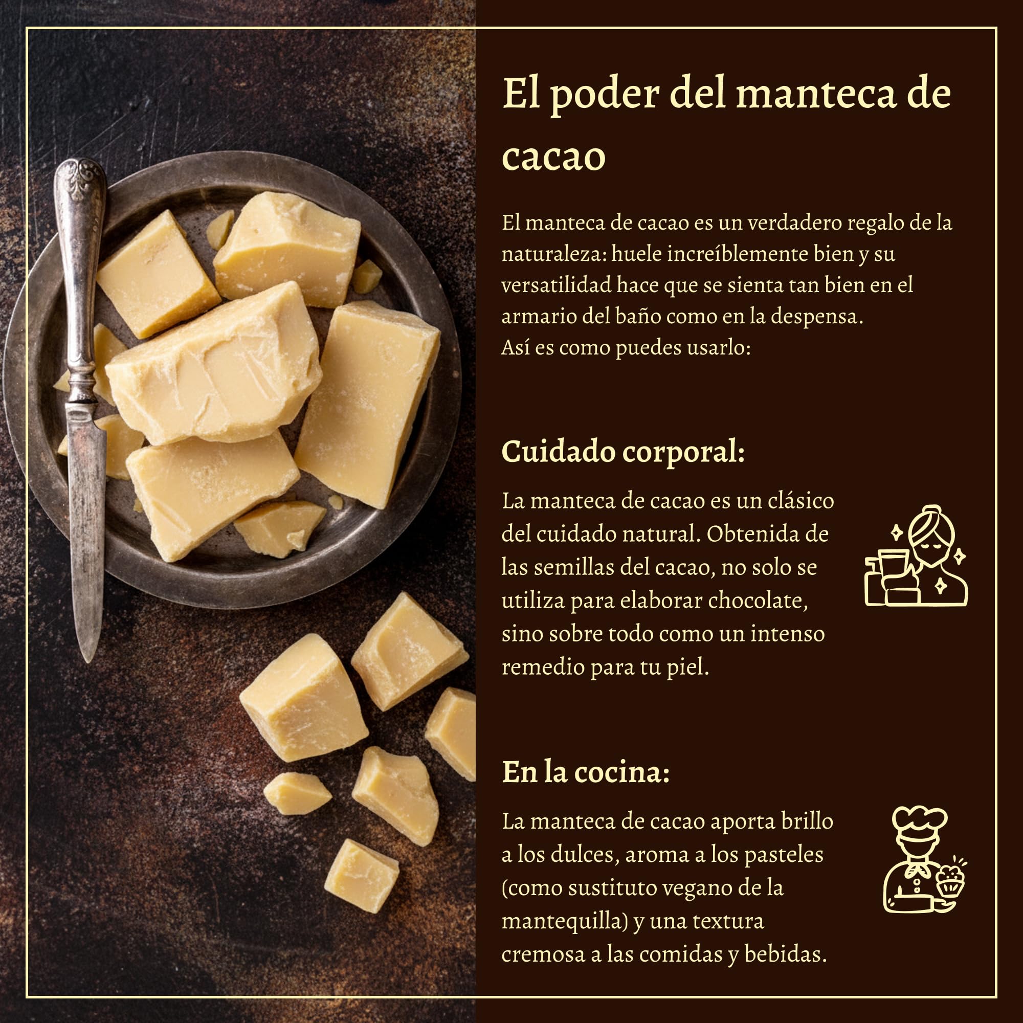 I-Organic Manteca de cacao no refinada 100% de Colombia, Comestible, Cosmético natural hipoalergénico, Hidrata y regenera la piel, Protege contra los rayos UV, Larga vida útil, 500g