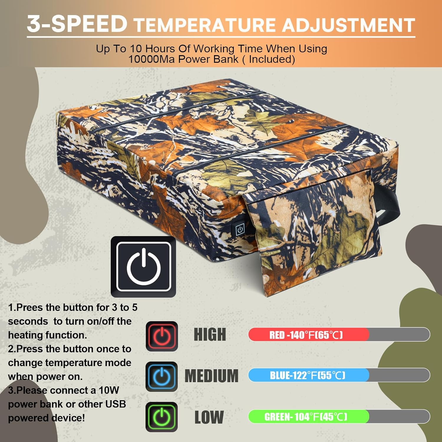Heated Hunting Seat Cushion Pad Thermal Hunting Seat with 10000 mAh Power Bank Adjustable Temperature Hunting Hot Seat Cushion for Tree Stand,Bleacher,Sport Without Backrest