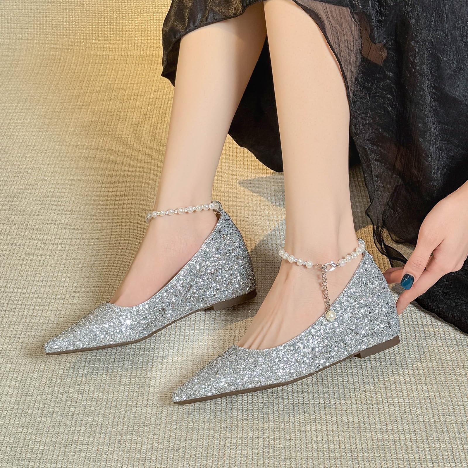 Płaskie buty ślubne bez zmęczenia ukryty klin 5 cm łańcuszek perły wygodne buty ślubne stojące i taniec