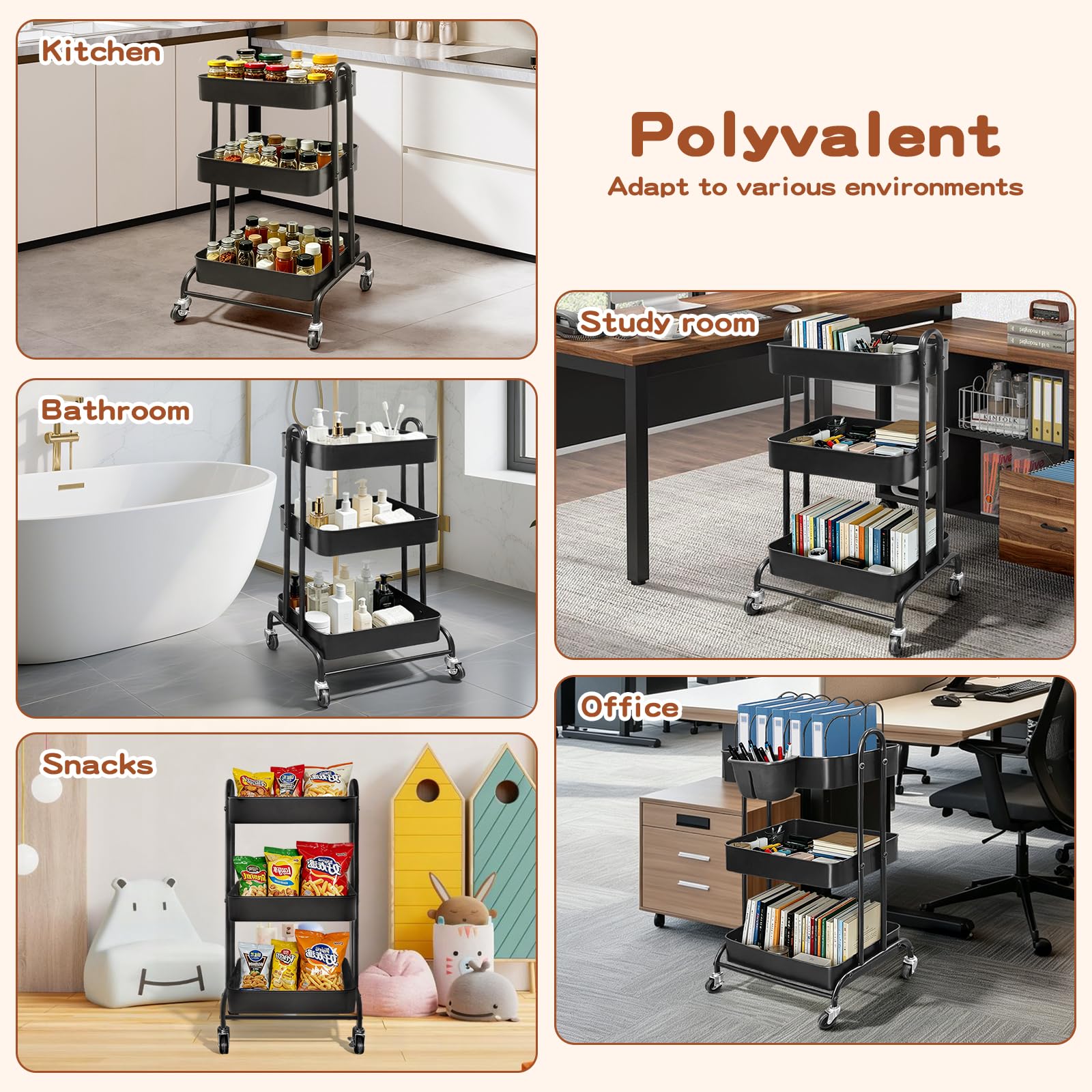 Boczif Desserte à roulettes, Matériaux Métalliques Desserte Cuisine (Noir) | avec 1 Tasse Suspendue, 1 étagère Amovible, 10 Papiers étiquettes et 5 Pochettes étiquettes, pour Salle de Bain, Cuisine