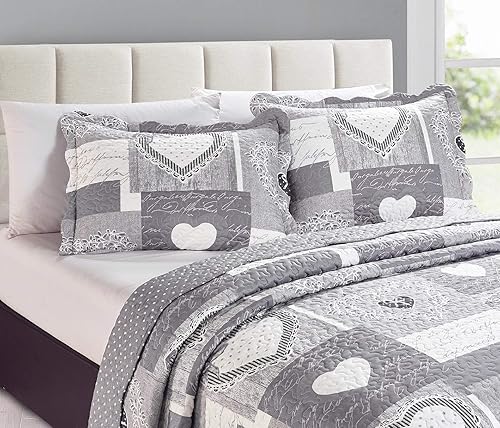 Miniatura 71 de Brilliant Sunshine Juego de edredón de 3 piezas con 2 fundas de almohada, colcha reversible suave y ligera, para todas las estaciones, Gris