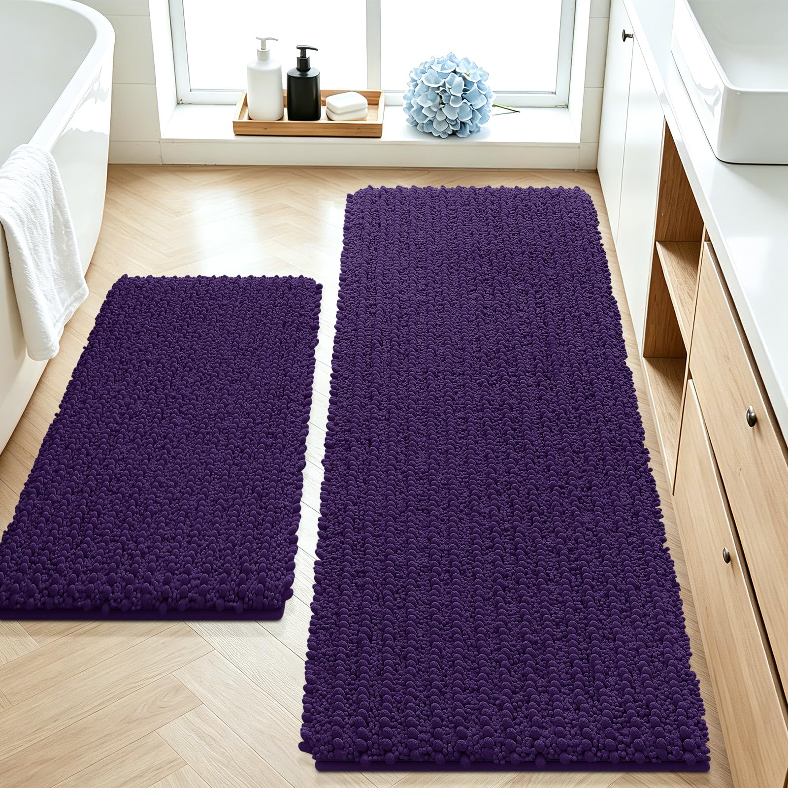 ACCUMTEK Upgrade Luxury 2 Piece Dark Purple Toilet Bathroom Rug Mat 48"x20"+24"x17", Ultra Soft Thick Absorbent Bath Mats, Non Slip Chenille Toilet Mat for Bathroom, Bedroom, Kitchen, Shower, Tub