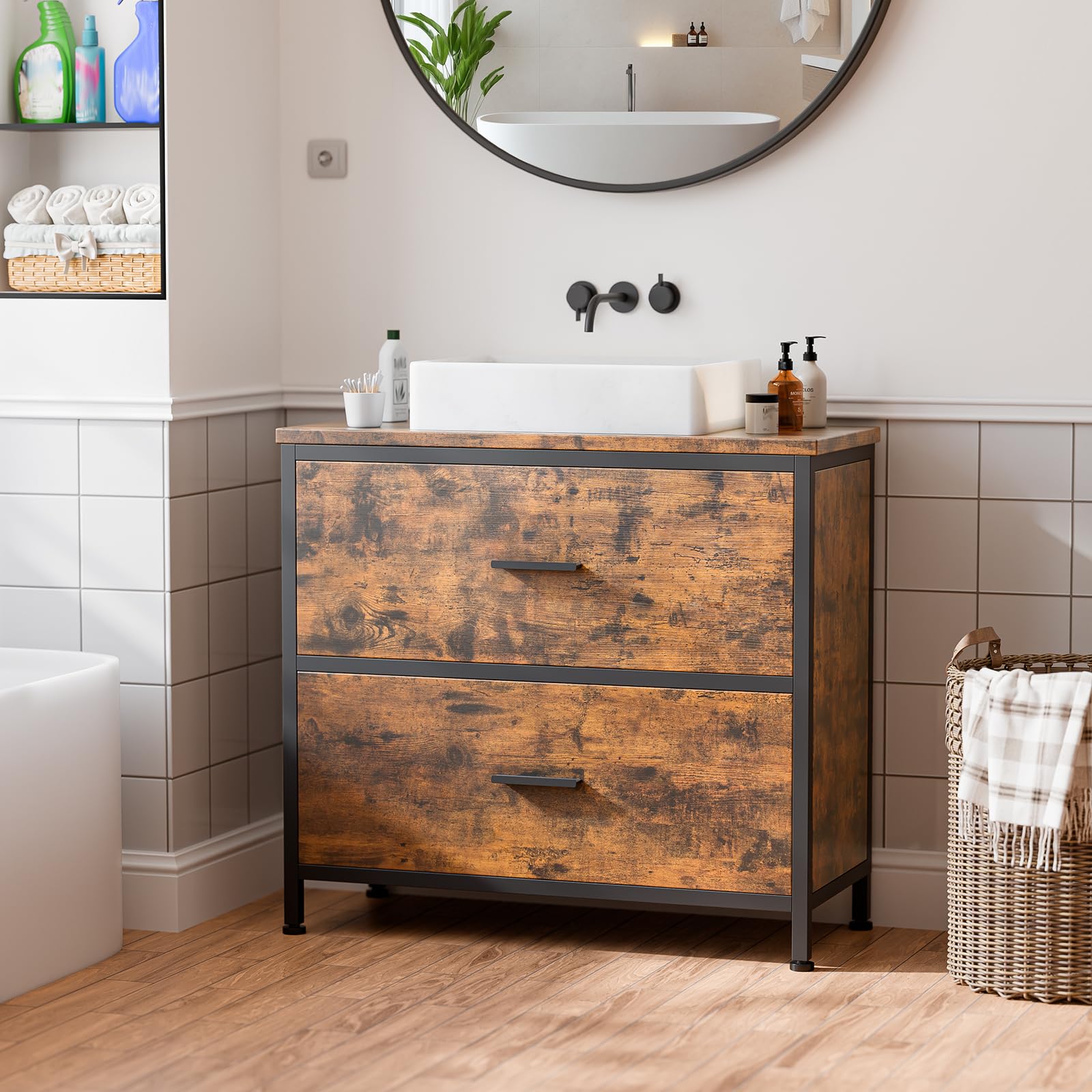 ELUCHANG Mobile Sottolavabo per Bagno, Mobiletto da Bagno, 2 Cassetti,60x30x60cm, Mobile in legno MDF E1 e metallo, Antiacqua e antimuffa, Ideale per bagno piccolo e WC ospiti, con Piedini