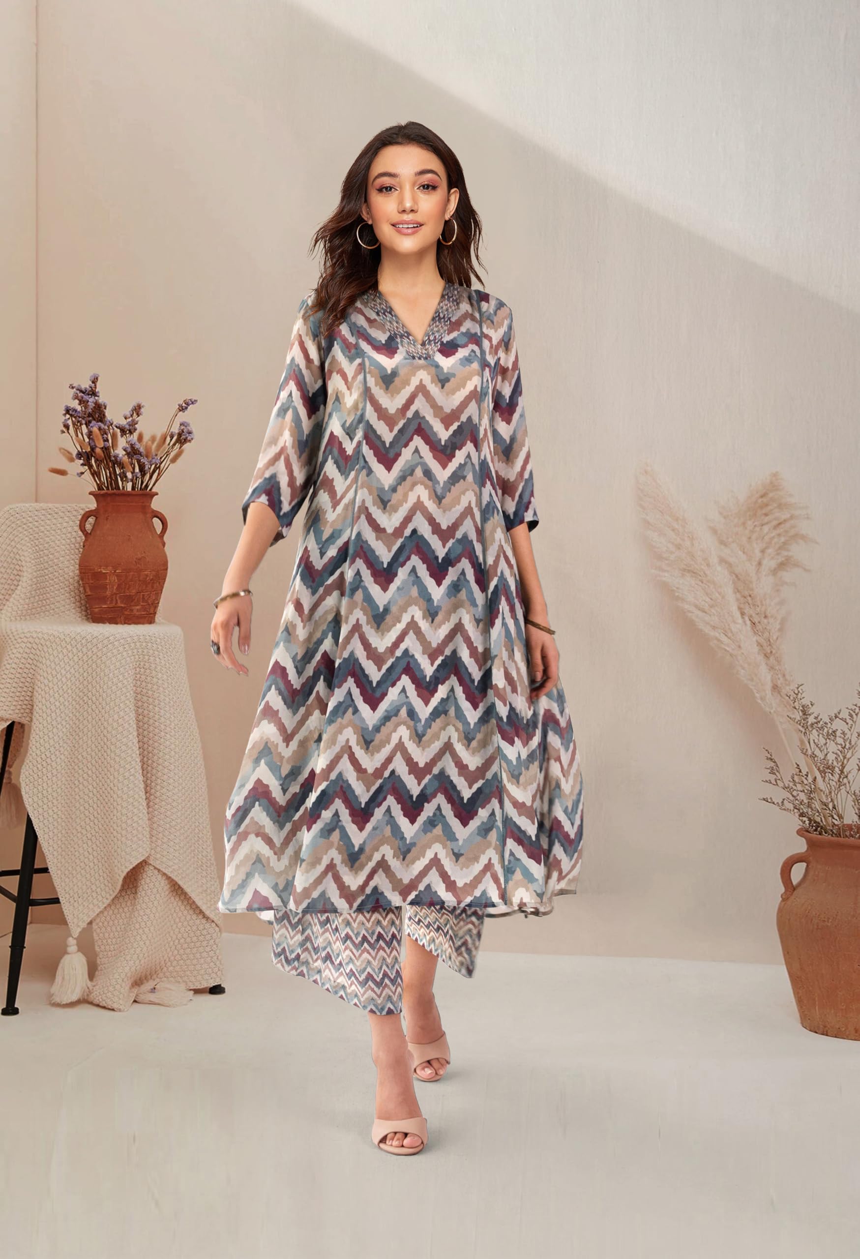 Toochki Kurta Sets For Women | Cotton Rayon | A Line Two Piece Kurtis | Anarkali | Multicolor Kurti Set | Chevron Printed Kurtas | Cord Set Dress