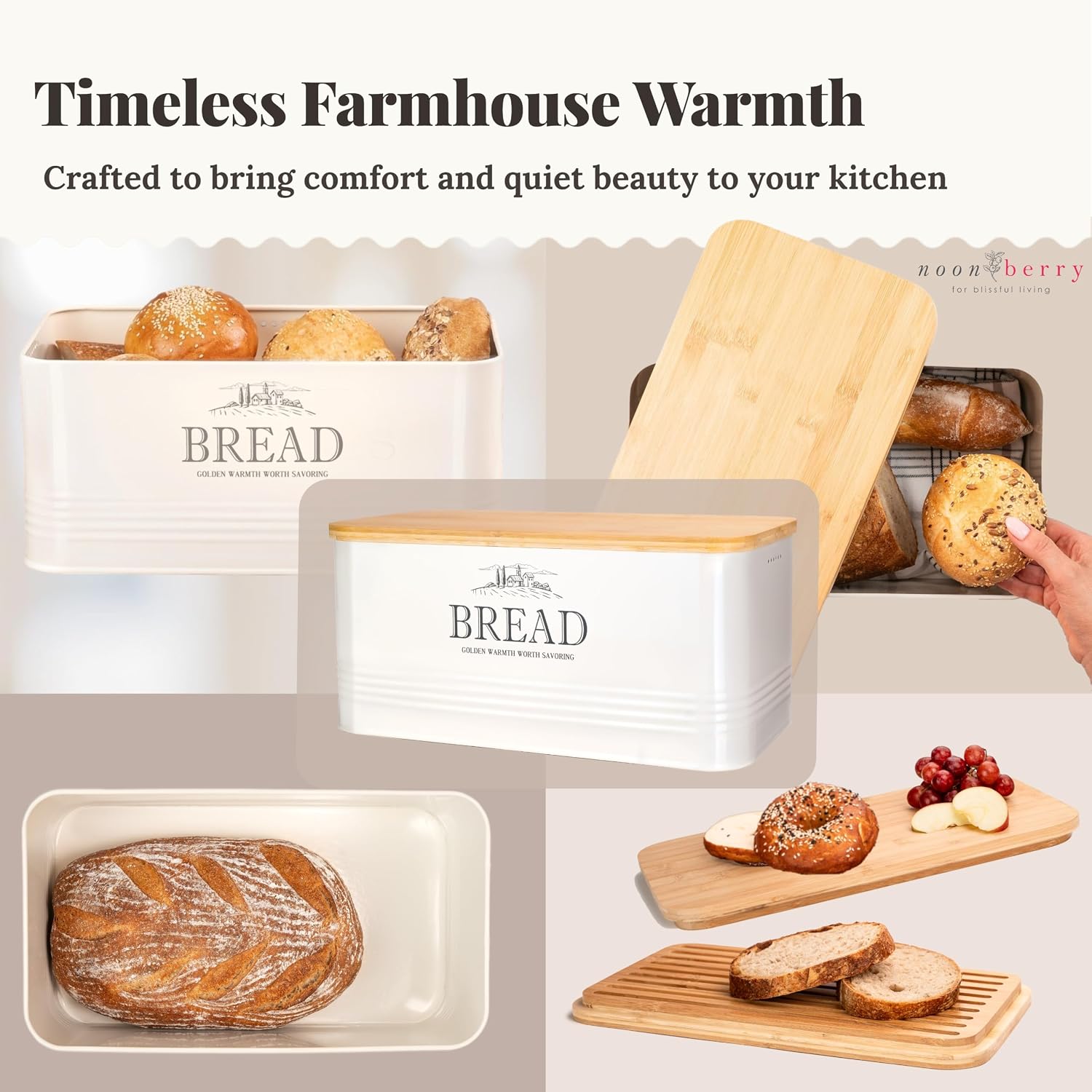 noonberry Metal Bread Box for Kitchen Countertop, Bamboo Lid, Farmhouse