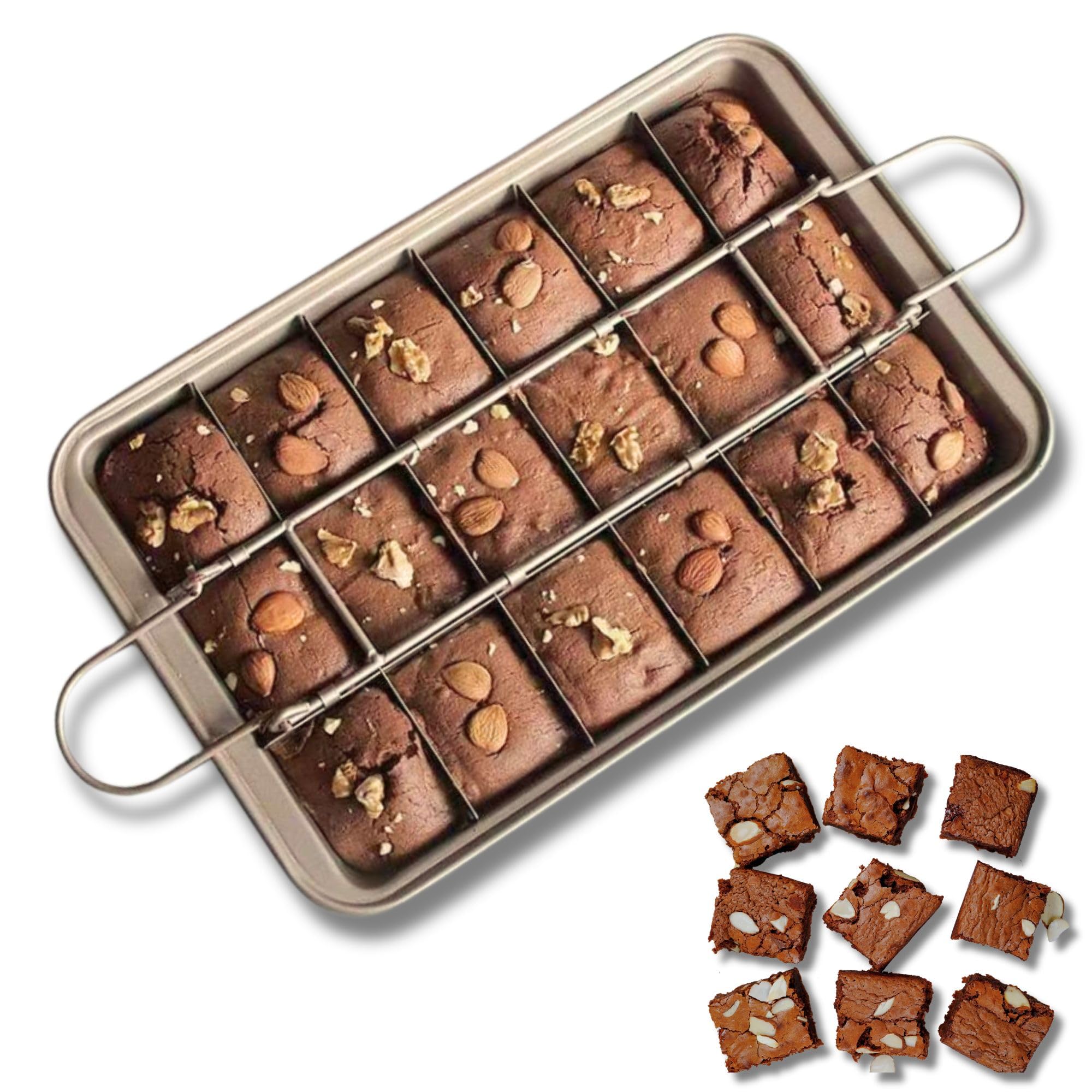 KiNeX Brownie Backform, Antihaftbeschichtete Kuchenform Brownie mit Trennwänden, Antihaftbeschichtete Brownie-Pfanne für Professionelle Scheiben, für 18 Vorgeschnittene Brownies, Karbonstahl, Gold