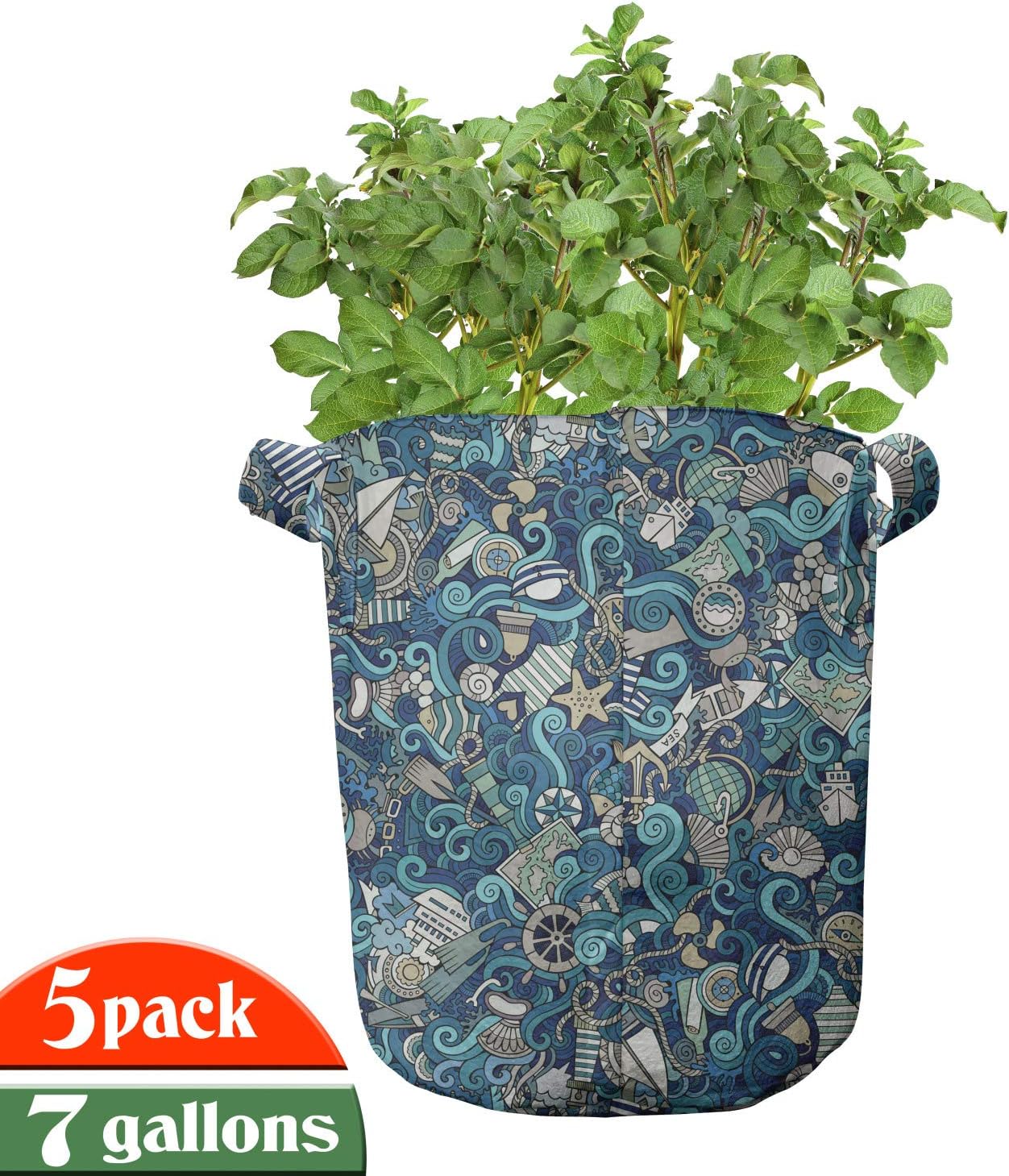 Lunarable Abstract Grow Bags 5-Pack, Fishing Theme Elements, Heavyduty Fabric Pots with Handles for Plants, 7 Gallon, Blue Turquoise Aqua