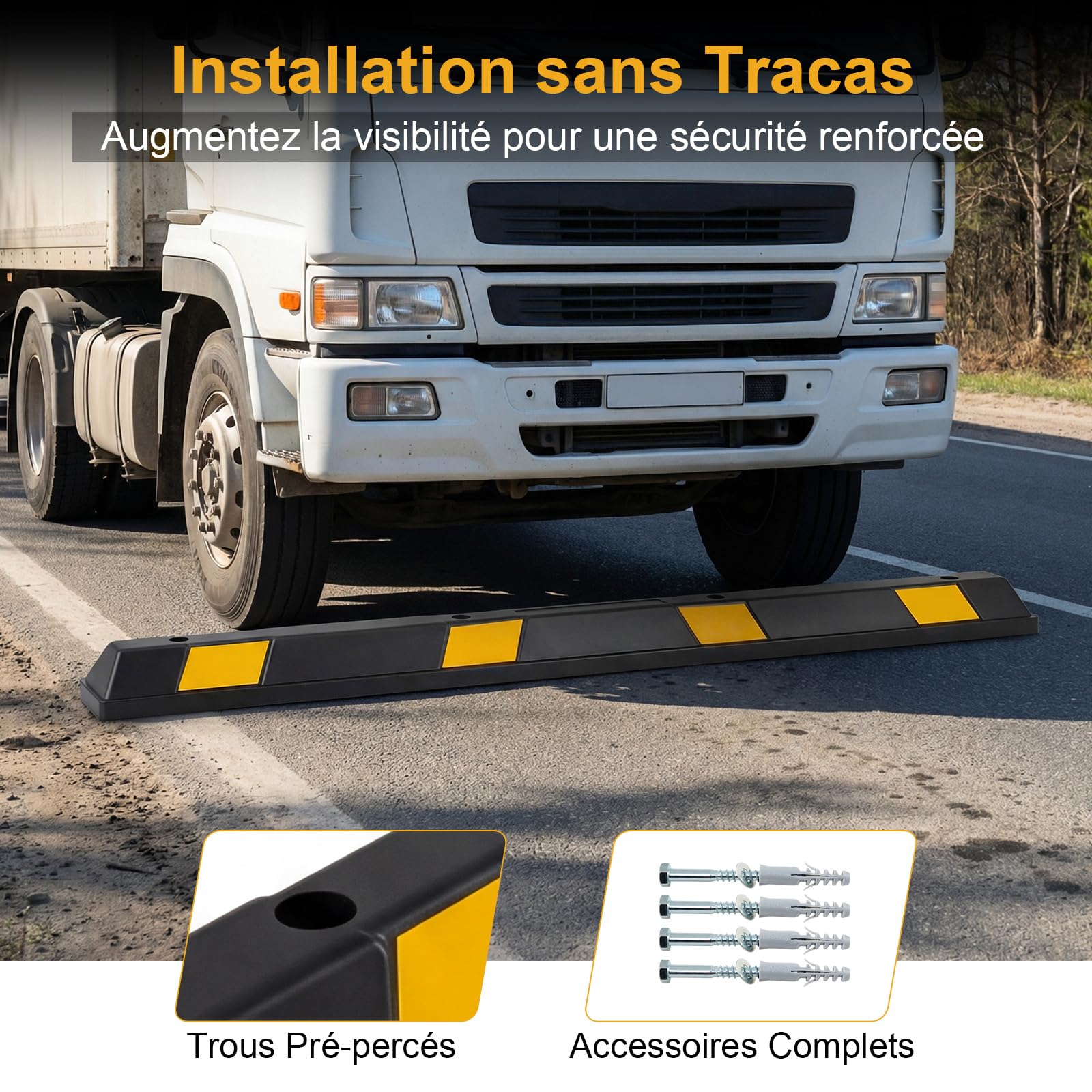 COSTWAY Butée de Stationnement 184 x 15 x 10 cm, Butée de Roue en Caoutchouc avec Bande Réfléchissante Jaune Charge 3000 KG, pour Garage Parking, Voiture Camion Remorque