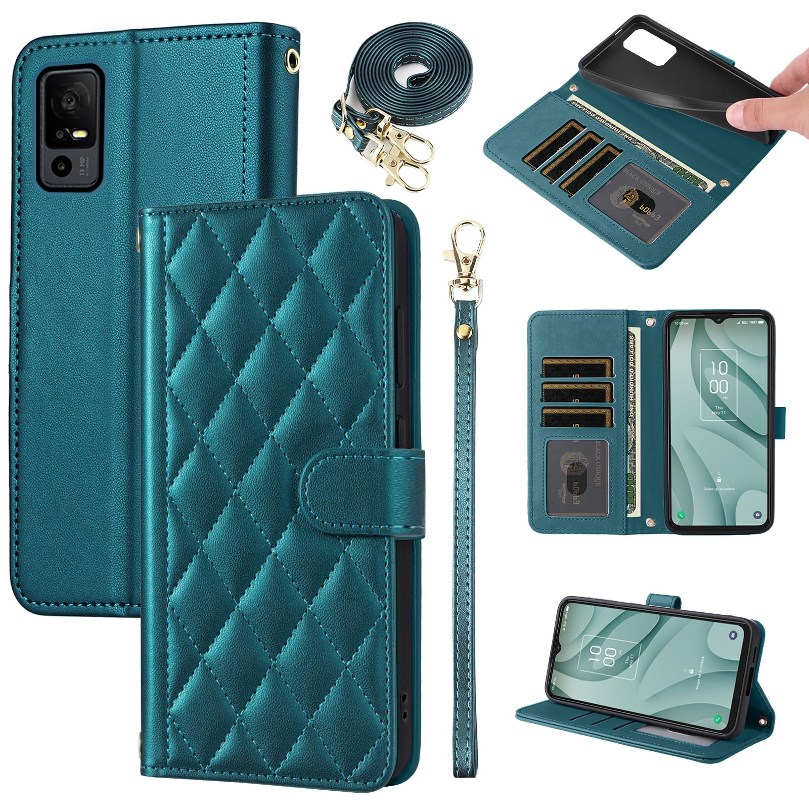 Furiet Argyle Wallet Case for TCL 40 XL/40T 2023 with Wrist Strap Shoulder Strap Card Slots Folio Purse PU Leather Stand Accessories Cell Phone Cover