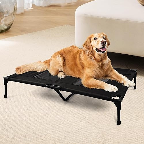 Cama elevada para exteriores para perros, cuna elevada portátil con refrigeración, cama lavable para mascotas, perros medianos, color negro