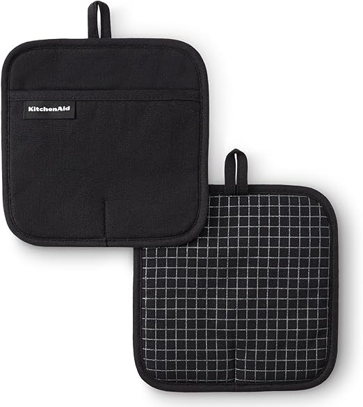 KITCHENAID Gourmet Series Gridlines Pot Holders 2-Pack Set, Heat Resistant up to 600°F, Soft Silicone Grip, Magnetic Cuff, Matte Black, 8"x8"