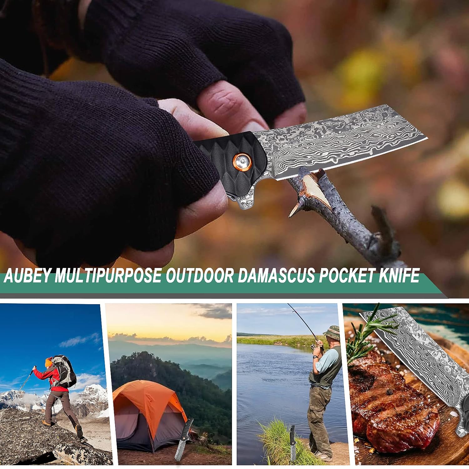 AUBEY Damascus Pocket Knife, 3.34" Damascus Steel Hollow Grind Blade, Folding Knife with Ball Bearing, Aluminum Handle, EDC Knife for Outdoor Camping Hunting