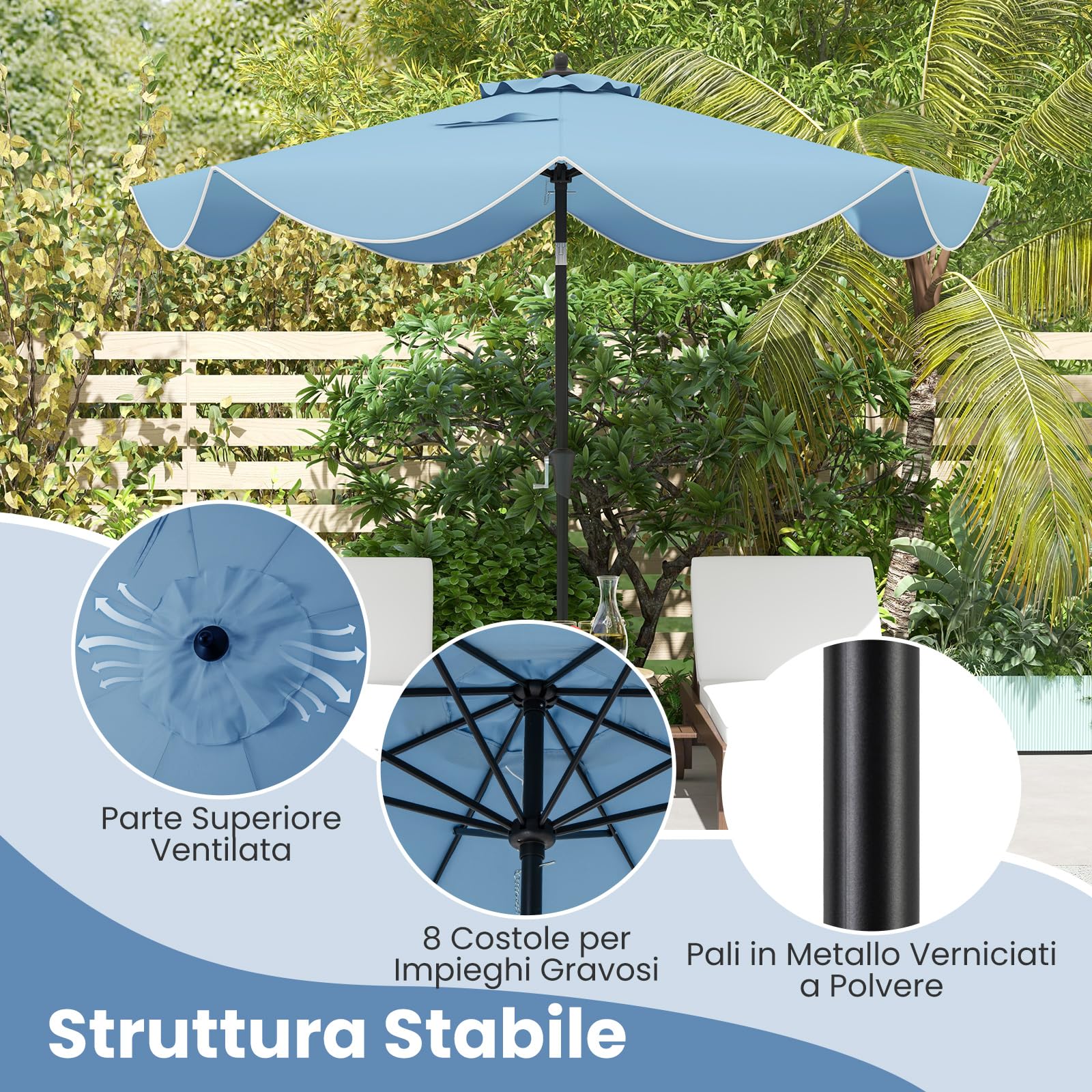 RELAX4LIFE Ombrellone da Giardino 270cm, Parasole da Esterno con 8 Stecche, Inclinazione Regolabile, per Giardino, Spiaggia e Balcone (Blu-Stile2)