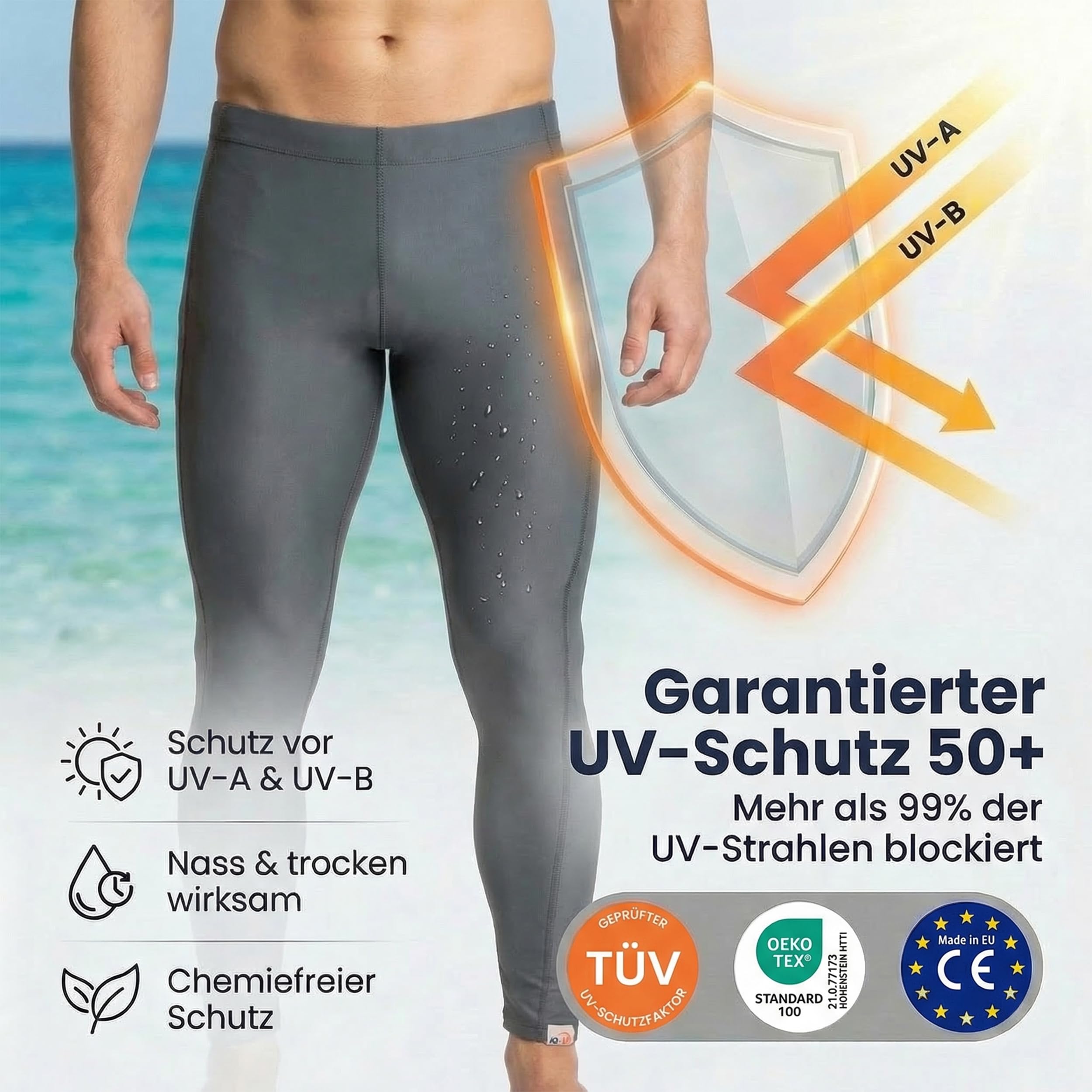 iQ-UV Badehose für Herren Lang – Lange Schwimmhose für Herren mit UPF 50+ UV-Schutz – Lange Stretch Badehosen mit Handytasche – Badeshorts in lang, elastisch & schnelltrocknend
