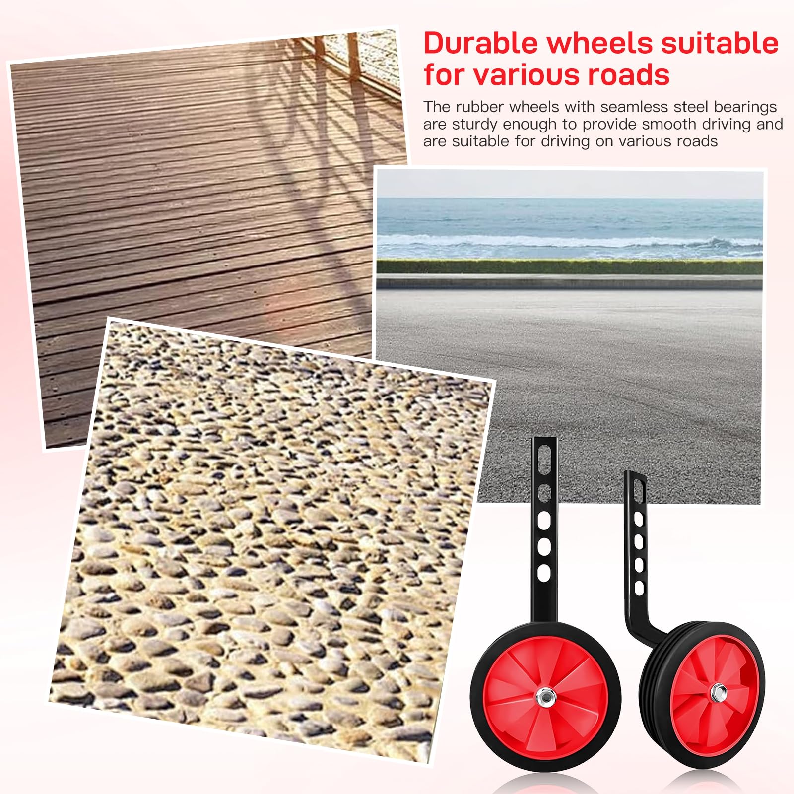 Ruote di supporto per bicicletta per bambini, stabili e sicure, regolabili da 30,5 a 50,8 cm, silenziose, antiscivolo, con luce, per principianti, per imparare all'aperto, colore rosso