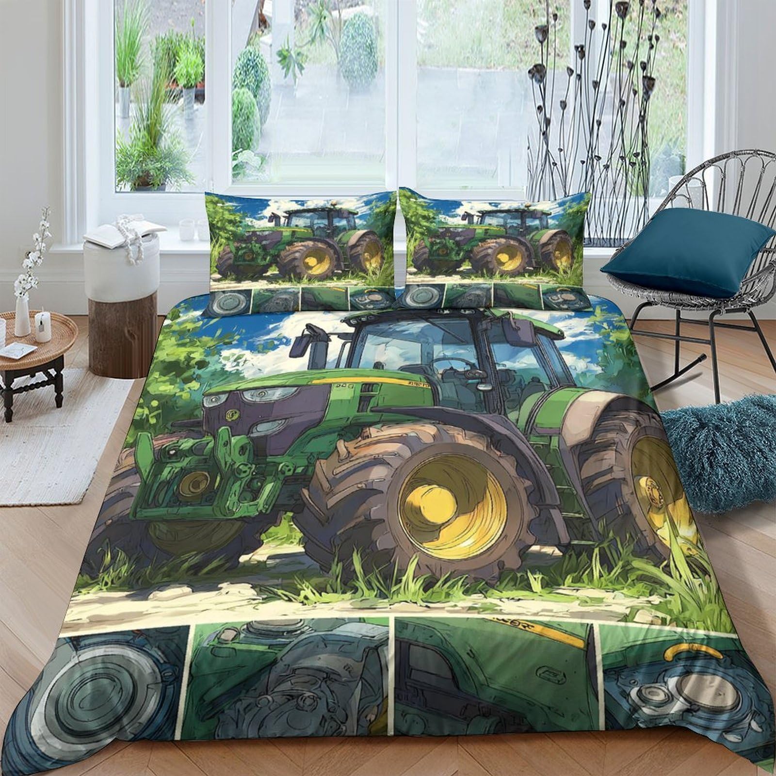 Ctjqhvkz Style-10 3D Printed Green Farm Tractor Fitted Sheet Microfiber Soft Anti-Slip Rustic Field Bed Cover For Bedroom Dorm Mattress Protection Single（135X200cm）