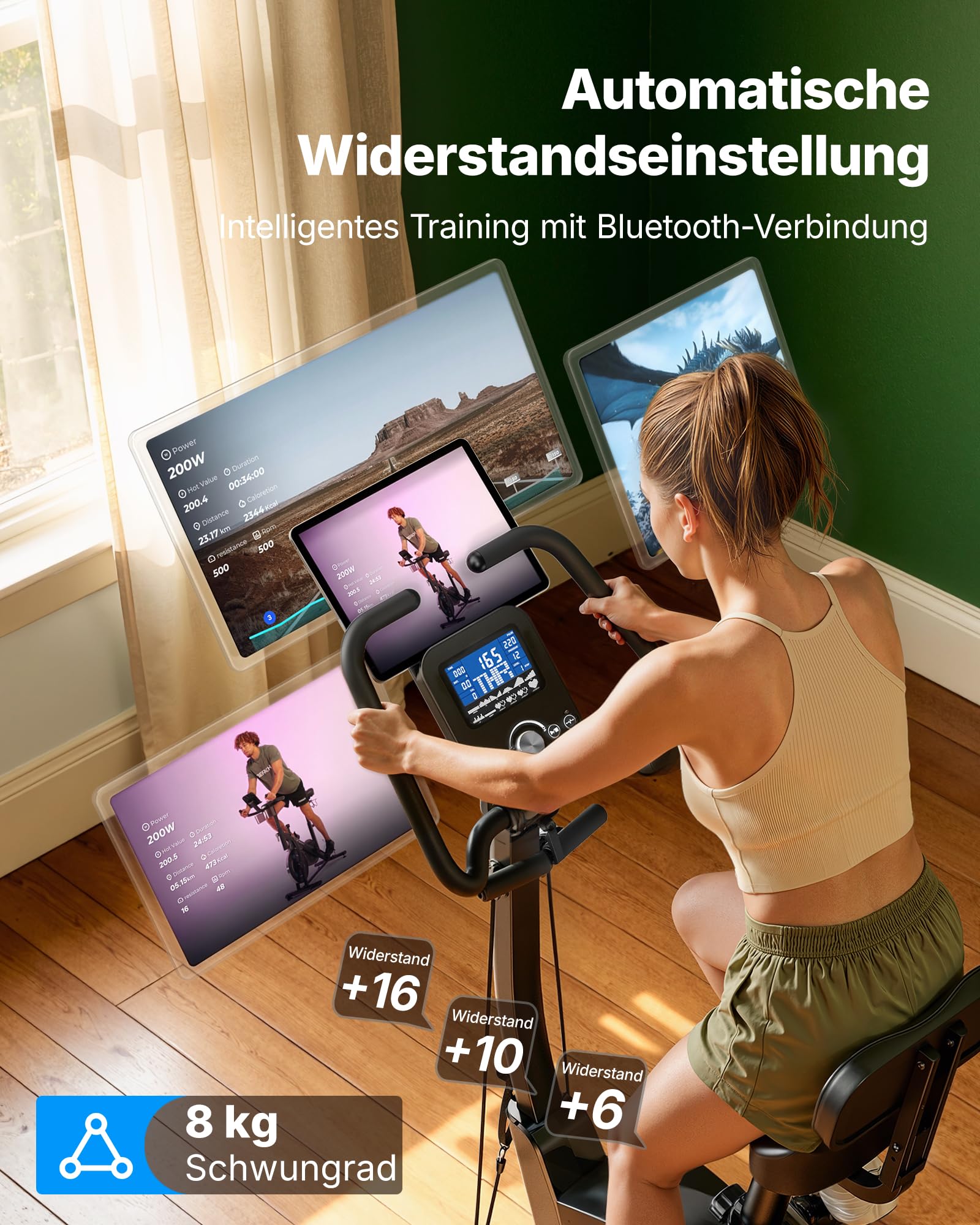 MERACH 4 in 1 Ergometer Heimtrainer Fahrrad mit Automatische Widerstandsanpassung, 16-stufigem Magnetwiderstand, Leisem Antrieb, 2 Trainingsmodi, App-Steuerung, Komfort-Rückenlehne, Widerstandsbändern