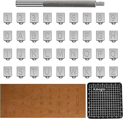 Amogto Herramientas de estampado de cuero, kit de estampado de cuero del alfabeto, 38 herramientas de artesanía de cuero, 26 letras mayúsculas y 10