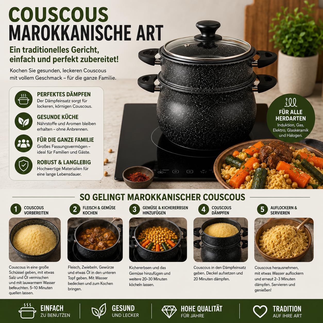 Royal Swiss® Couscous- & Dampf-Topf 12 L – Aluminium mit Stone-Beschichtung – Für alle Herdarten inkl. Induktion – Glasdeckel mit Dampfauslass – Schwarz (12L)