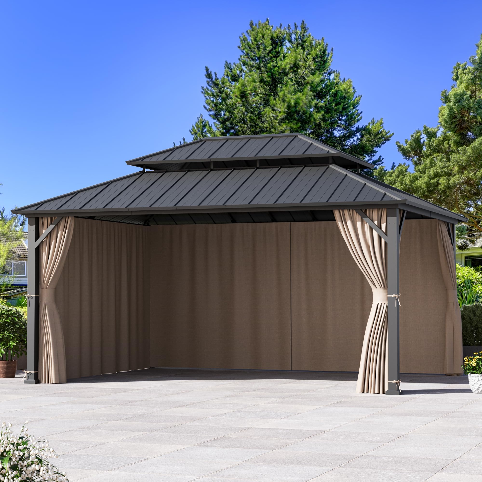 Gazebo Curtains Replacement Universal 4-Panel Sidewalls 12' x 16', Outdoor Gazebo Privacy Curtains with Zipper, Replacement for Outdoor, Patio and Backyard (Curtain Only)