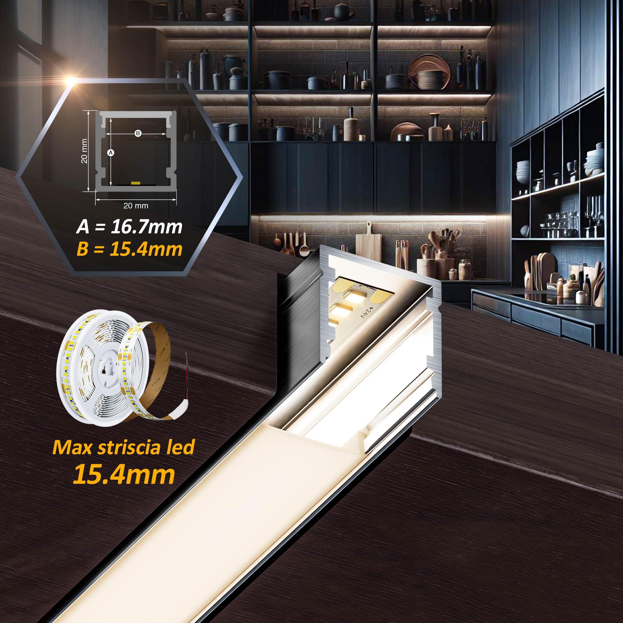 6x Profili in Alluminio da 12 Metri per Strisce LED (10mt), Canaline con Copertura Opaca, Max 15.4mm, Profilo Alluminio 20 x 20mm