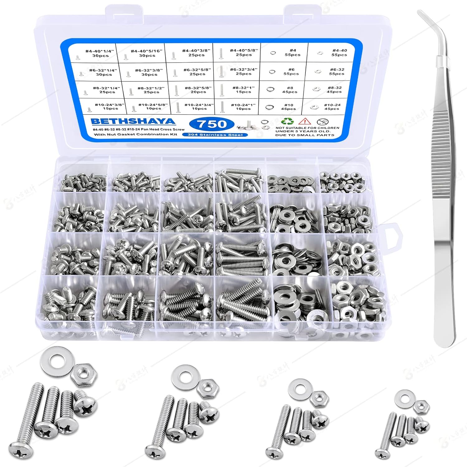 Bethshaya 750pcs Small Nut and Bolt Assortment Kit 304 Stainless