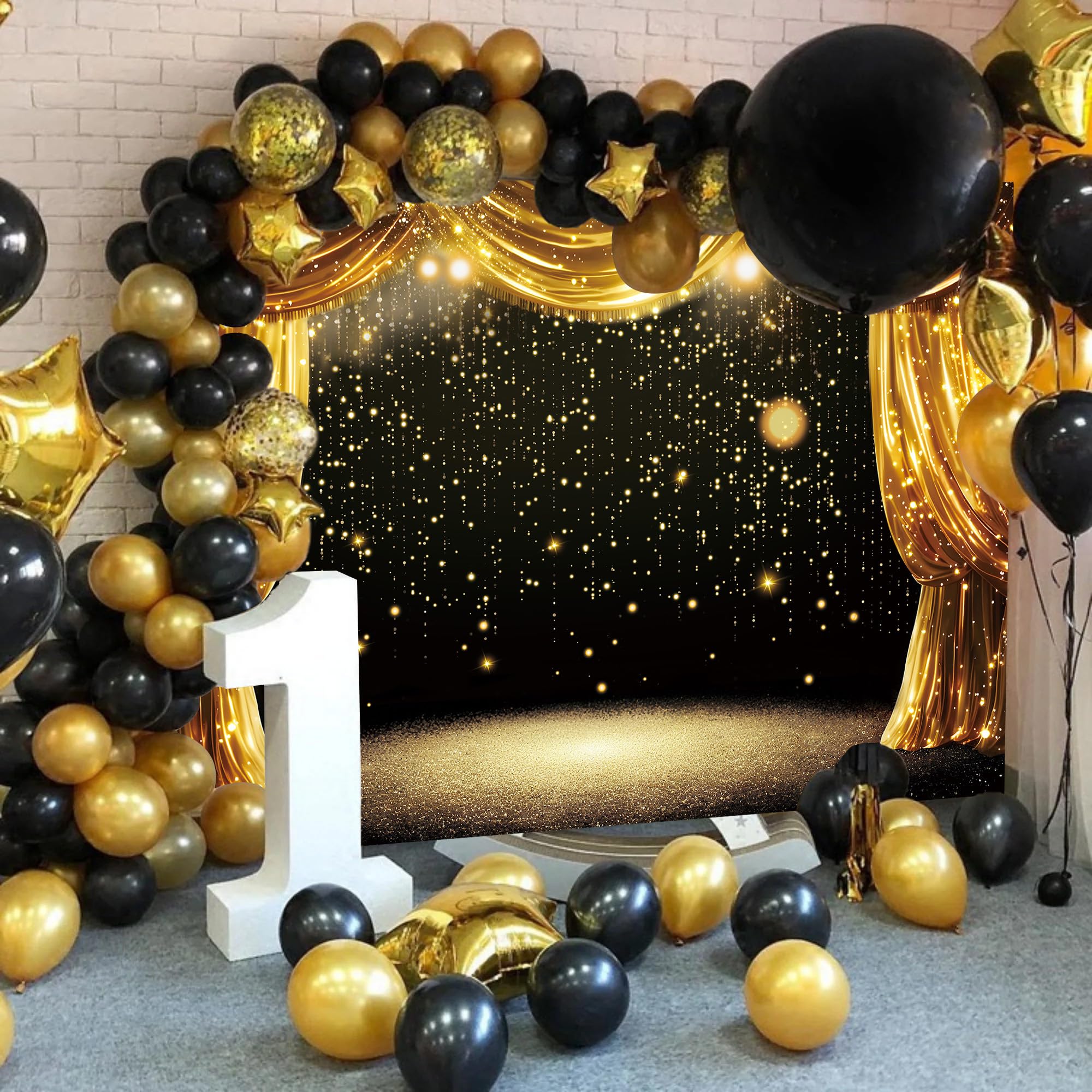Sfondo nero oro nero con tende glitterate a pois teatrali fotografia sfondo adulti bambini VIP Carnevale laurea ballo di fine anno nuovo festa di compleanno in famiglia banner (2,3 x 1,8 m)