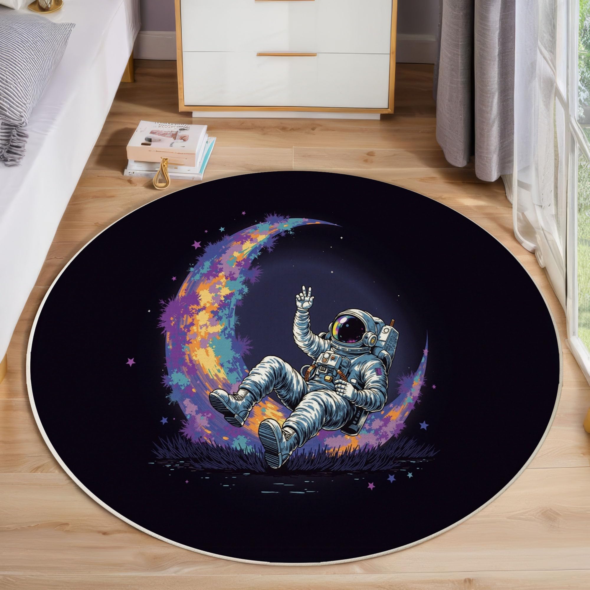 Tapis Rond Aquarelle Lune Astronaute 100 Cm, Lavable En Machine Pour Salon, Ne Perd Pas Ses Poils, Antidérapant | Tapis Affiche Science-Fiction Pour Chambre À Coucher Chambre D'Enfant, Noir Violet