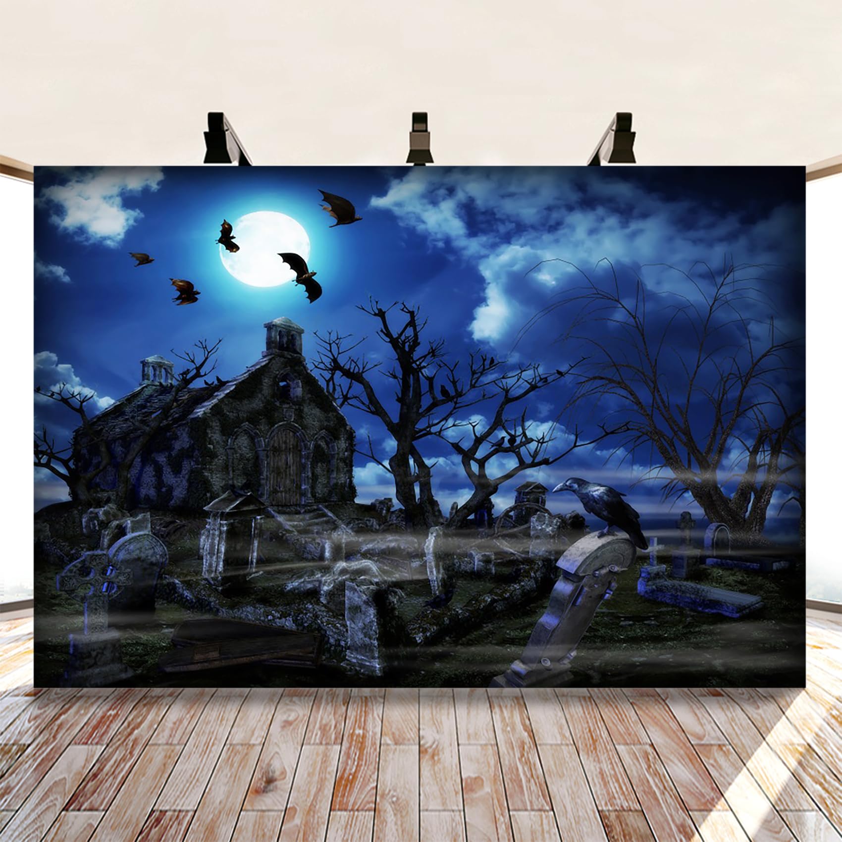 Sfondo Halloween 3x2m Casa Stregata - Fondale Fotografico Con Luna E Zucca Per Feste