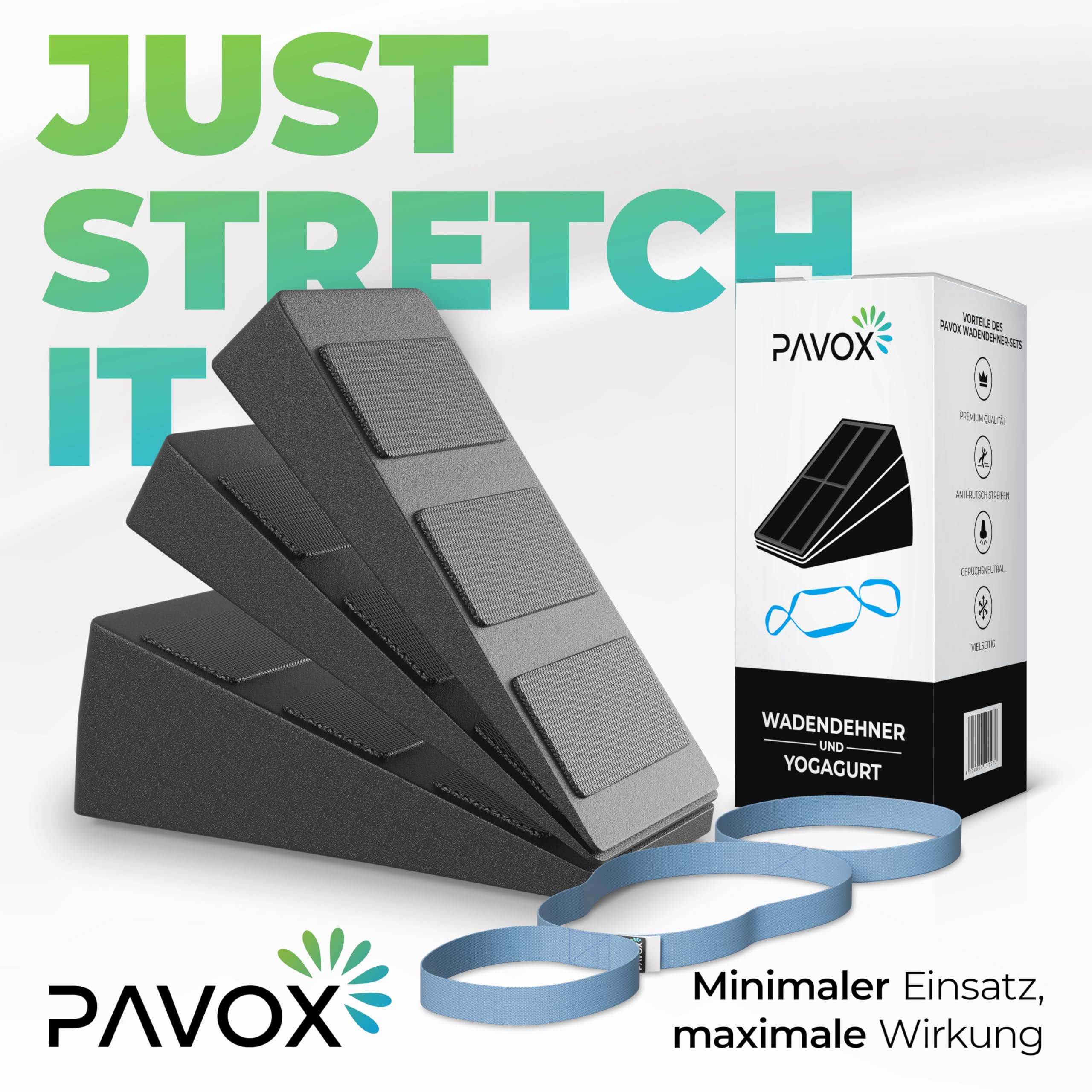 Pavox Set di estensori per polpacci, extra antiscivolo, con cintura da yoga, estensori per polpacci versatili per allungare, cuneo per mobilitazione di alta qualità
