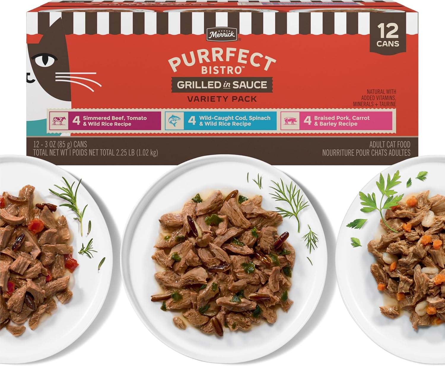 Merrick Purrfect Bistro Grilled in Sauce Variety Pack High Protein Cat Food with Simmered Beef, Wild-Caught Cod, and Braised Pork Recipes - 3 oz. Cans (Pack of 12)