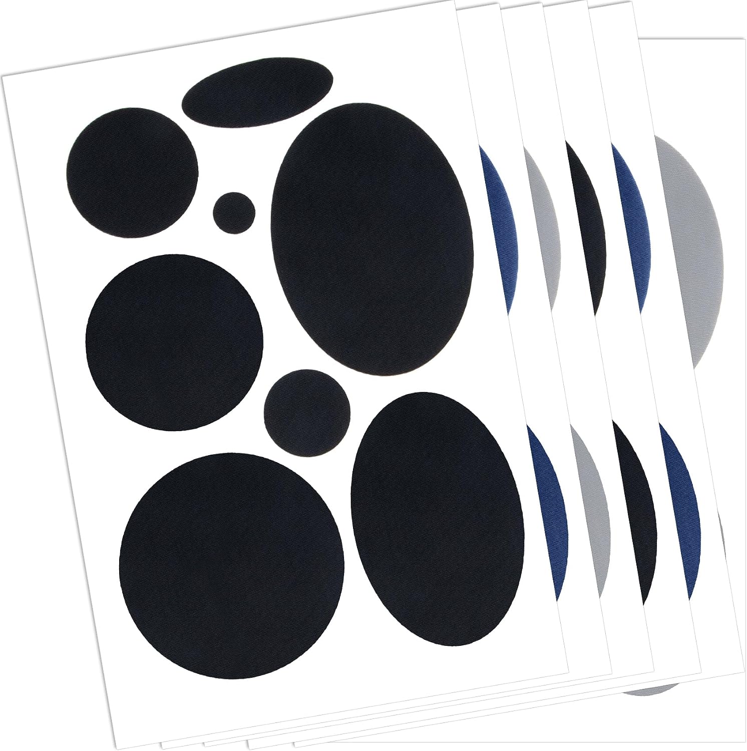 OIIKI 48pcs Puffer Down Jacket Repair Patches, 6 Sheets Waterproof Stick on Patches for Hole, Pre-Cut Self Adhesive Nylon Fabric Repair Sticker Tape for Jacket Coat Tents- Black & Blue & Gray