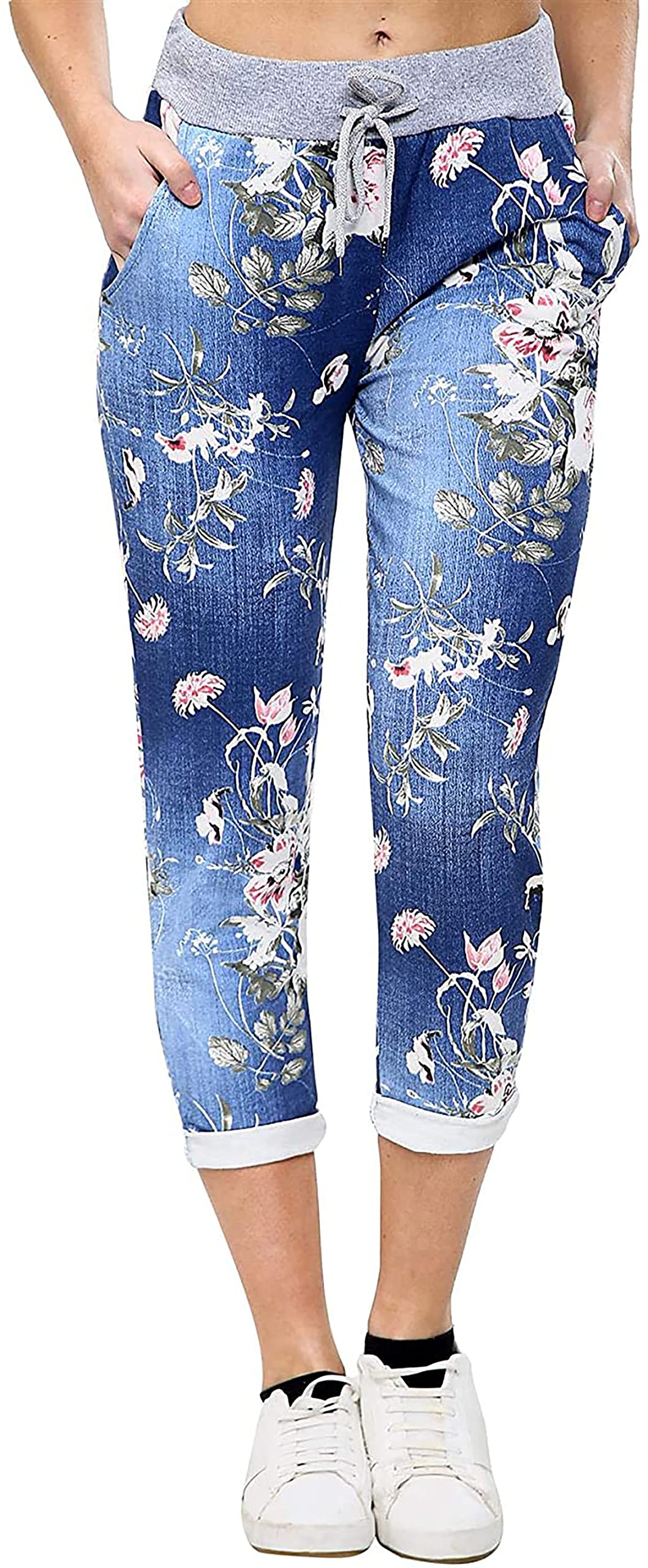 LoxdonzWomen's Denim Joggers Floral Print Casual Summer Trousers Italian Gym Running Pants