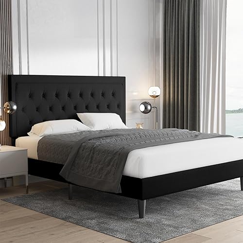 Miniatura 10 de Allewie - Base de cama copetuda tamaño Queen con plataforma tapizado de tela con botones y cabecera ajustable soporte con rejilla de madera base