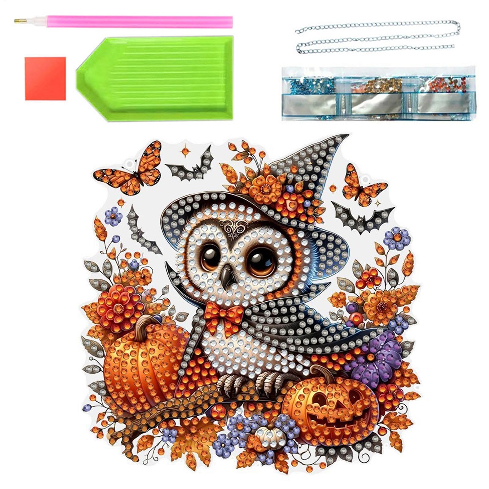Pintura de Gemas Acrílico 2D Halloween Búho - Decoración Colgante para Ventana, Puerta y Patio