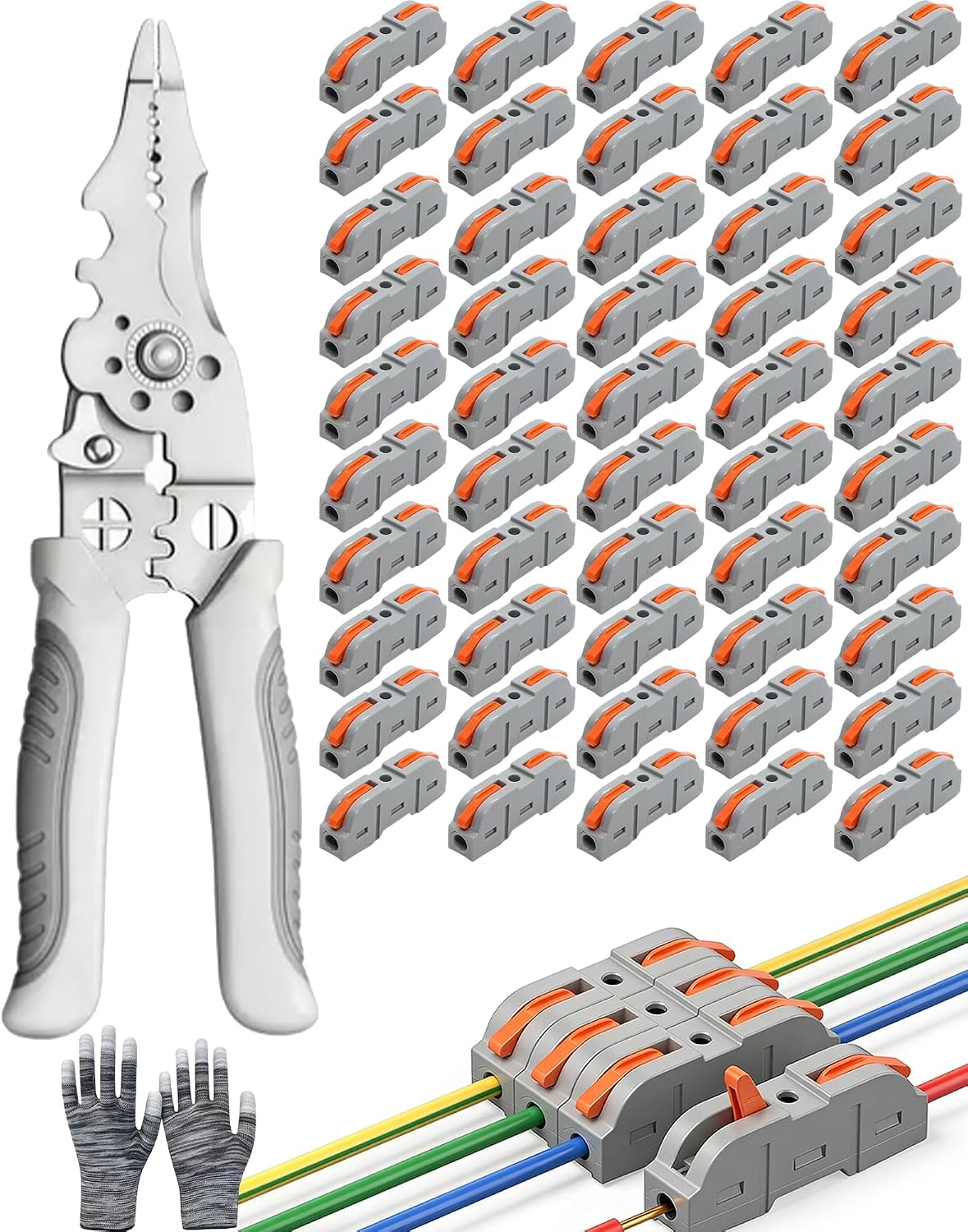 Universal Quick Lever Electrical Wire Connectors (24-12 AWG) Assortment (50/100Pcs) + Wire Stripper, Wire Splice Connectors Push-in, Compact Splicing Kit for Inline Terminals 1 in 1 Out (100pcs)
