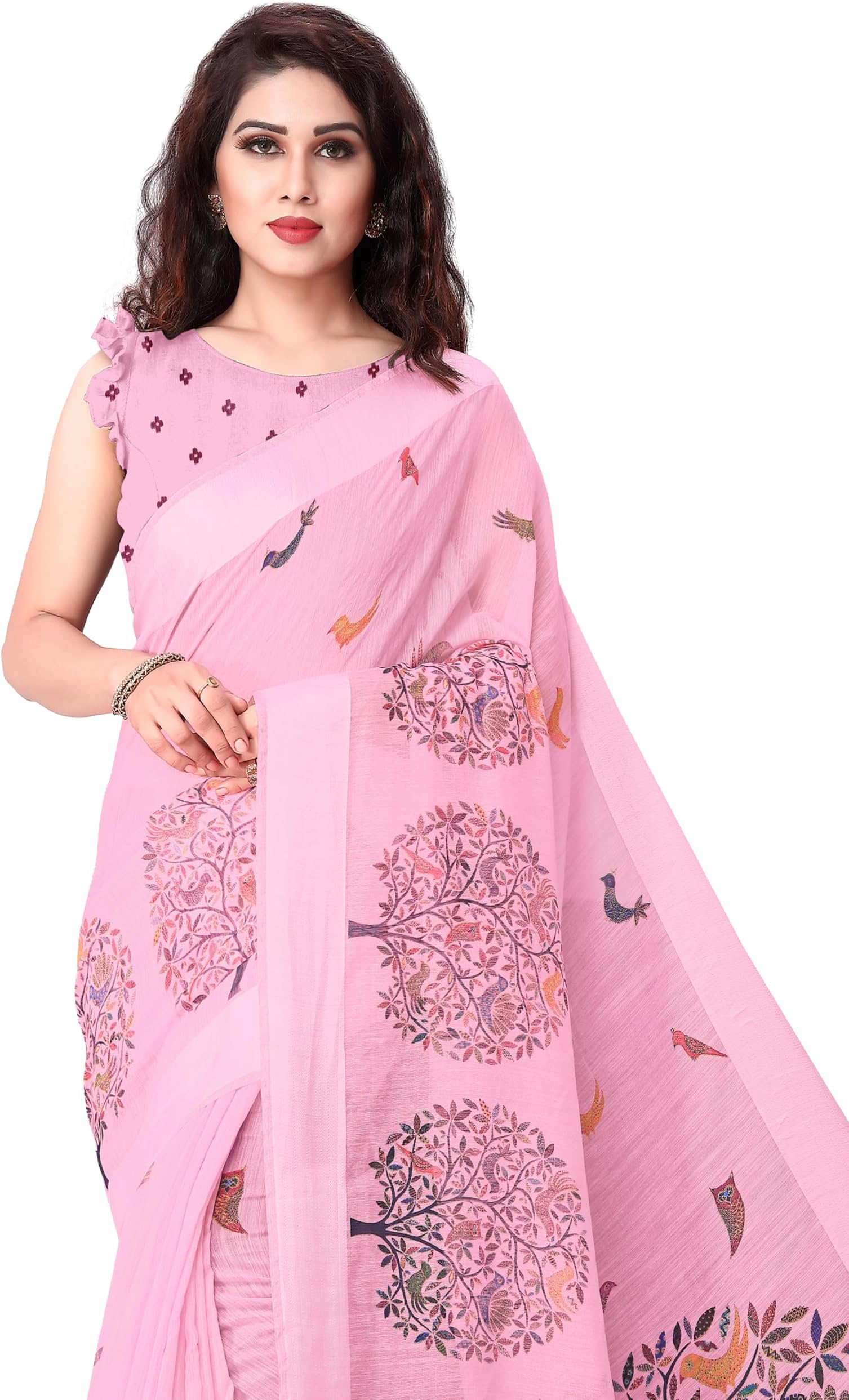 Sourbh Cotton Blend Fancy Madhubani Prints Sari For Women With Blouse Piece