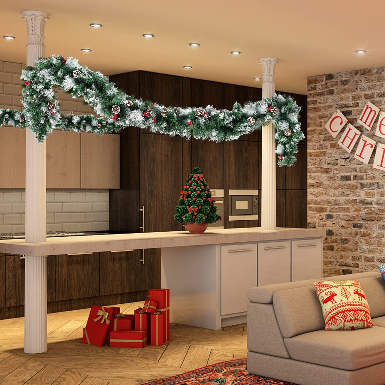 LZQ Tannengirlande 8m, Girlande Weihnachten, Weihnachtsgirlande mit Lichterkette, Weihnachtsdeko Girlanden mit Roten Beeren und Tannenzapfen, für Innen und Außendekoration von Türen, Wänden,Treppen