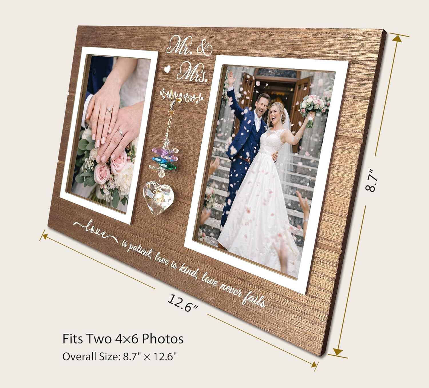 A'arkaJ Mr. & Mrs. Wedding Picture Frame, Wedding Gift for Couple, Double 4x6 Photo Frame with K9 Crystal Charm, Elegant Newlywed Gift for Bridal Shower, Engagement or Anniversary