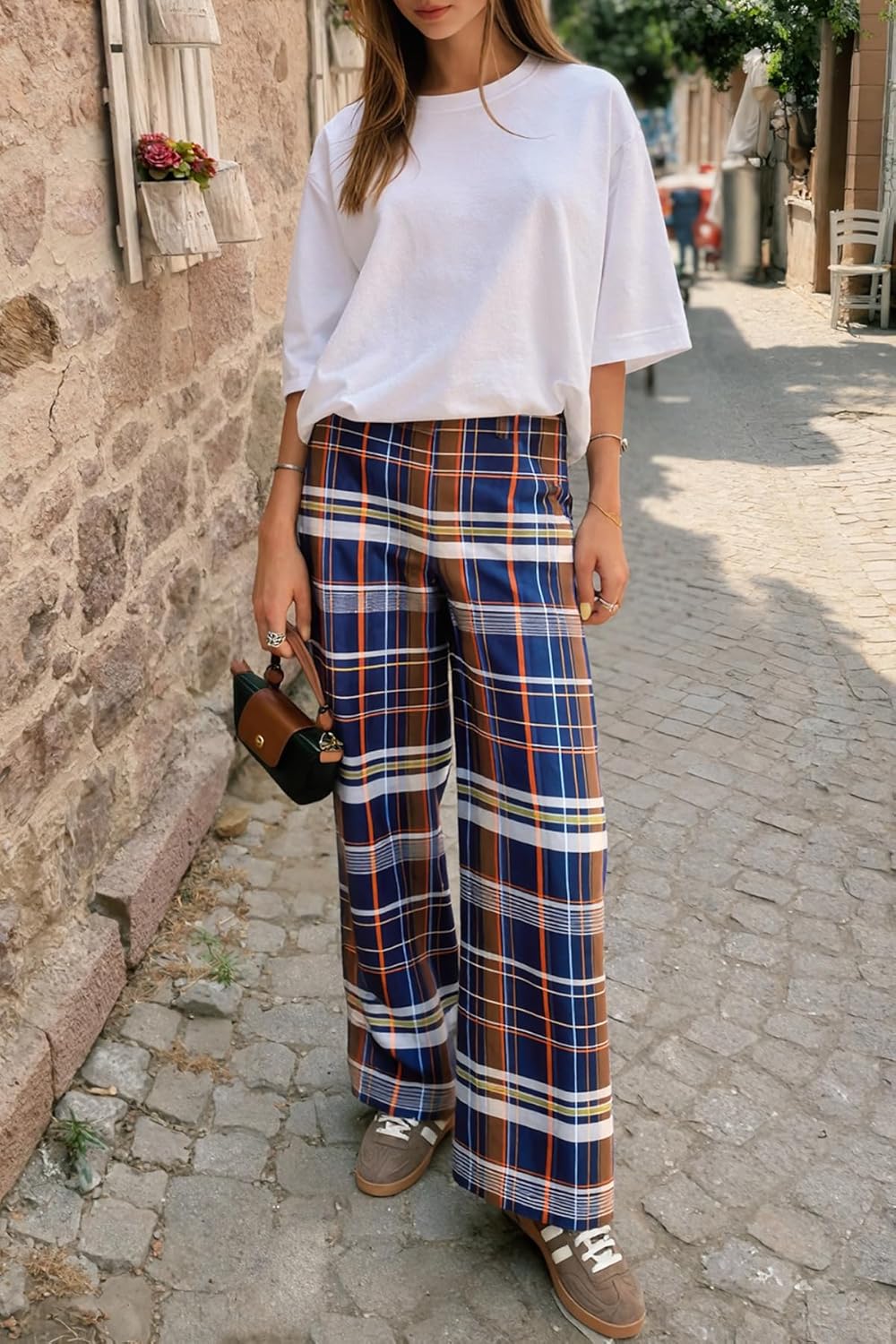 Cicy Bell Womens Wide Leg Palazzo Pants Casual Baggy Elastic Plaid Pants High Wiasted Y2K Trousers with Pockets