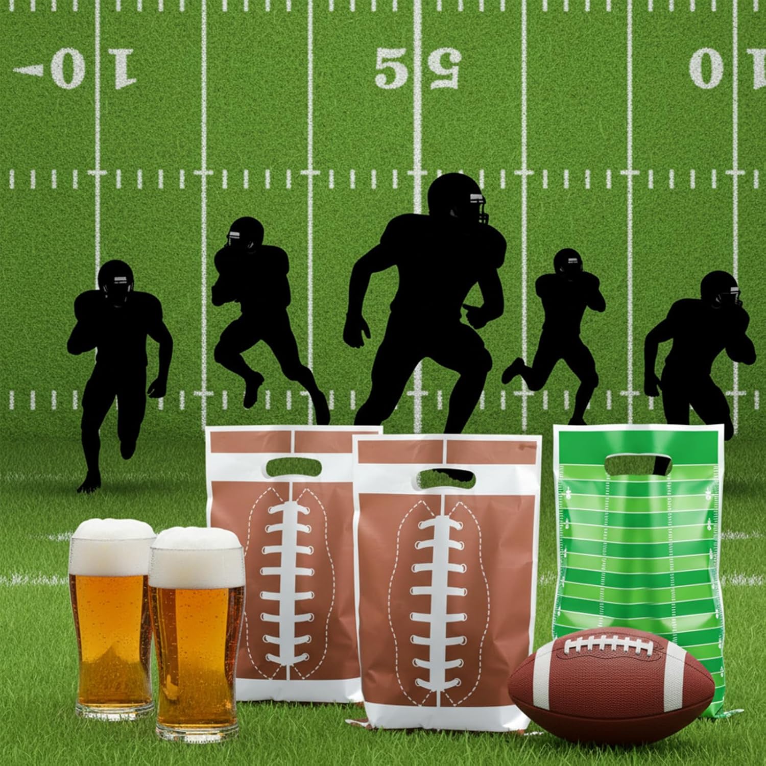Tyqour 60 PCS Football Gift Bags Football Goodie Bags Brown Green Handle Football Party Bags Football Theme Sports Birthday Party Favors Supplies for Candy Snack Cookie Treat Gift - Image 3