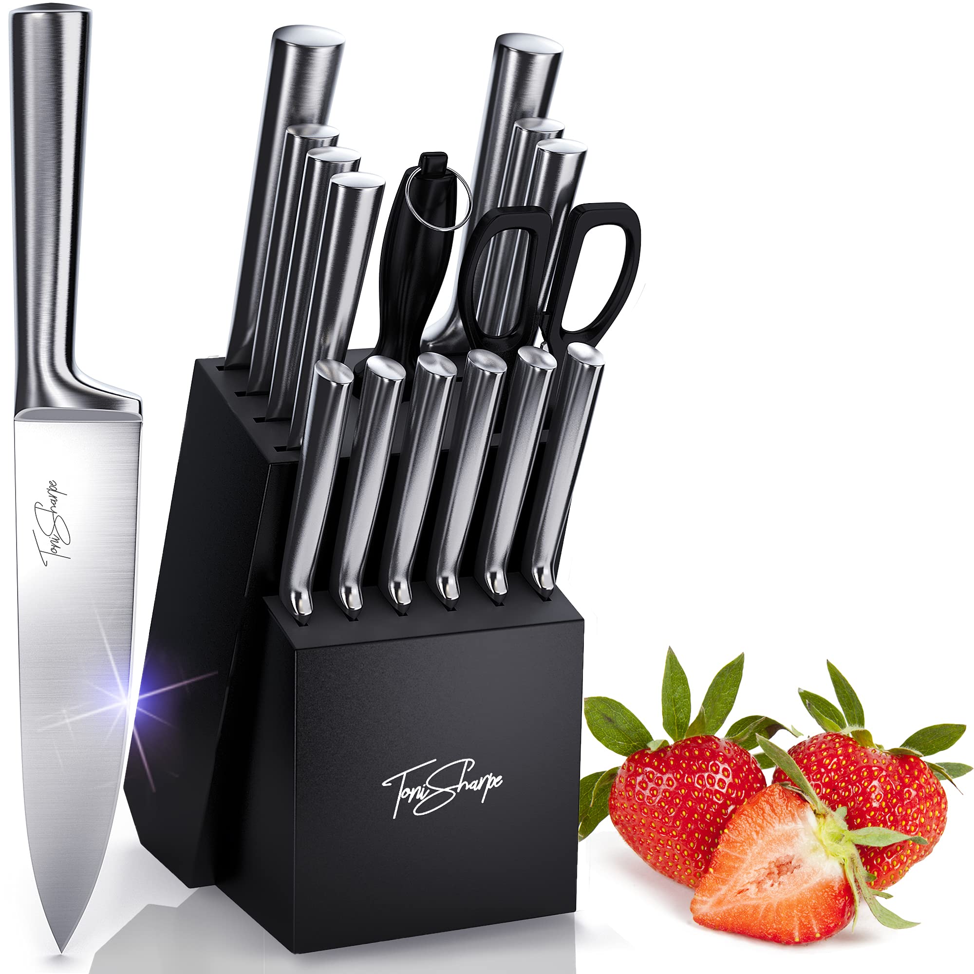 Toni Sharpe 16Piece knife set with Wooden Block, Meat Scissors