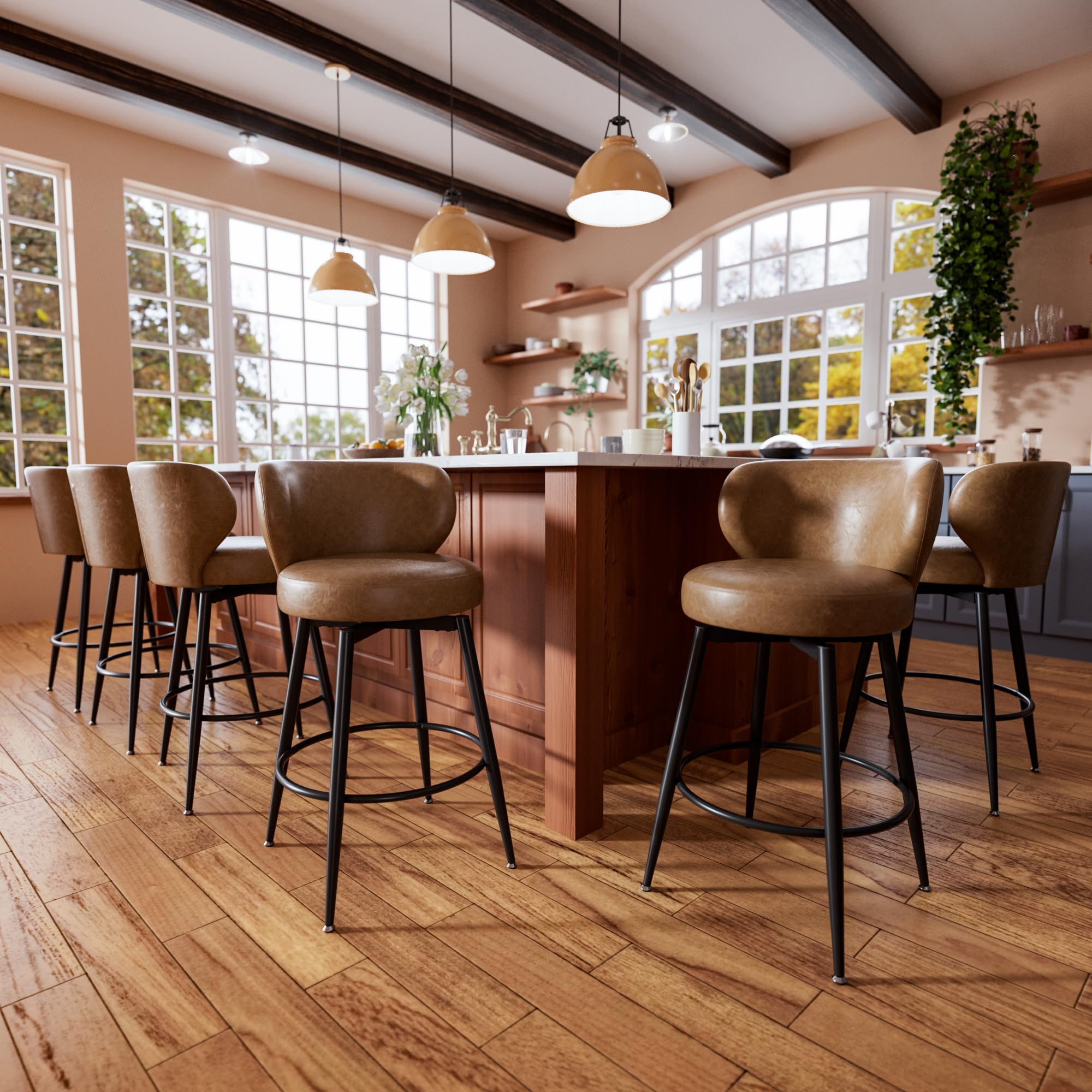 Sucrever Bar Stools Set of 6, 26" Counter Height Swivel Leather Bar Stools, Upholstered Barstools with Back & Footrest Metal Legs, Stools for Kitchen