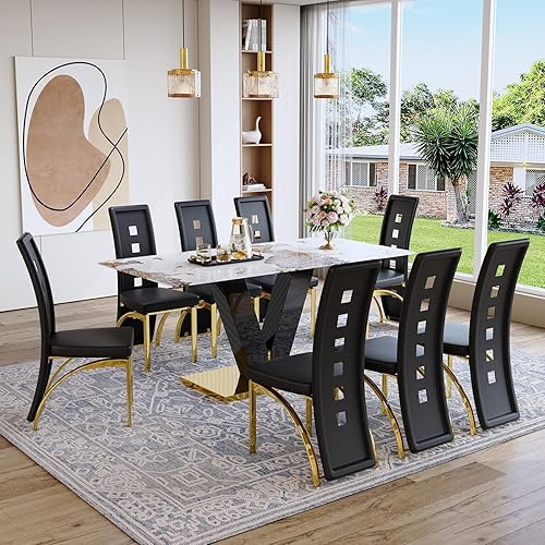 Miniatura 13 de Juego de mesa de comedor de 71 pulgadas para 6, moderno juego de mesa de comedor para 6, mesa de comedor de mármol con 6 sillas de comedor de piel
